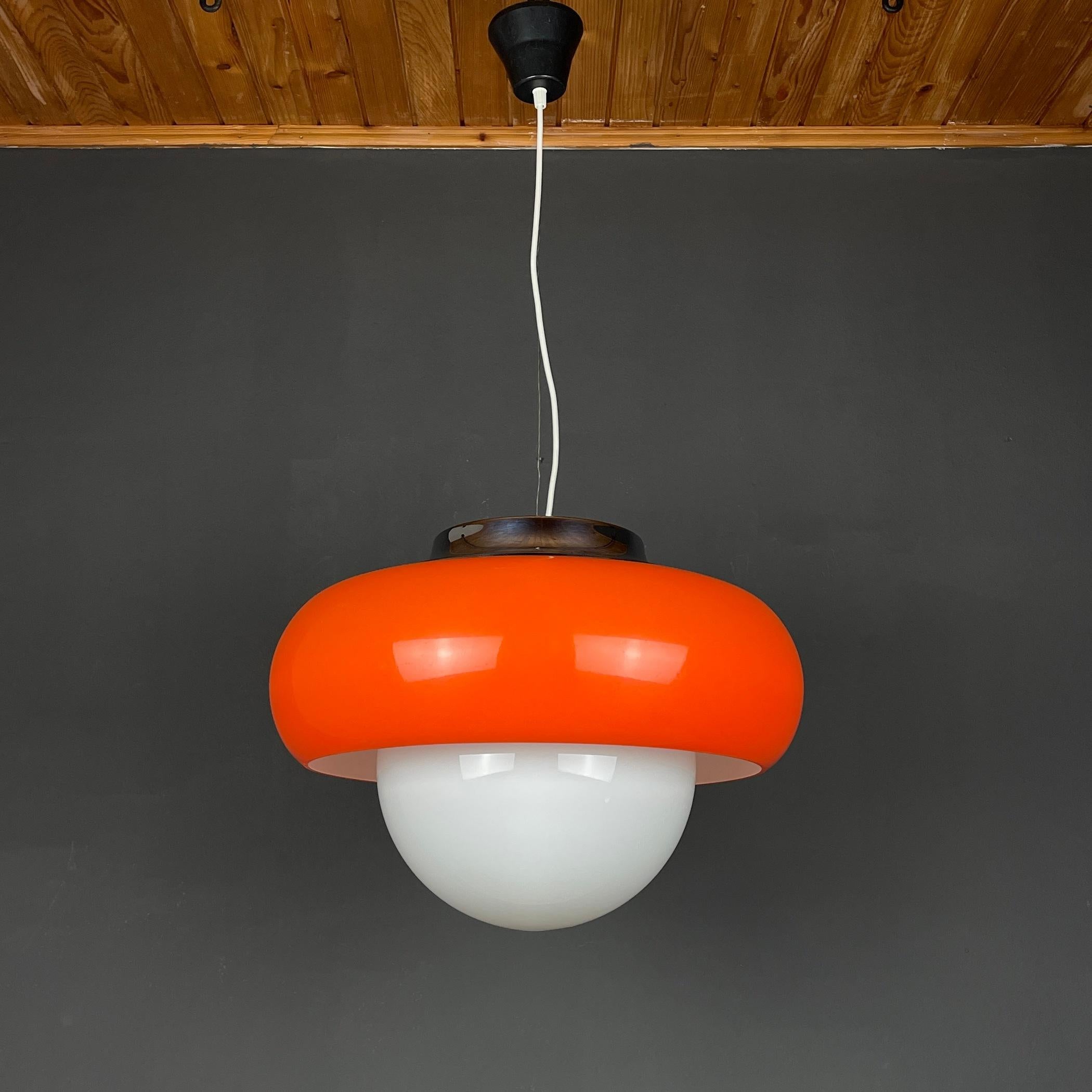 Milk Glass Vintage Mid-Century Pendant Lamp by Meblo for Guzzini Yugoslavia 1970s - Guzzini For Sale