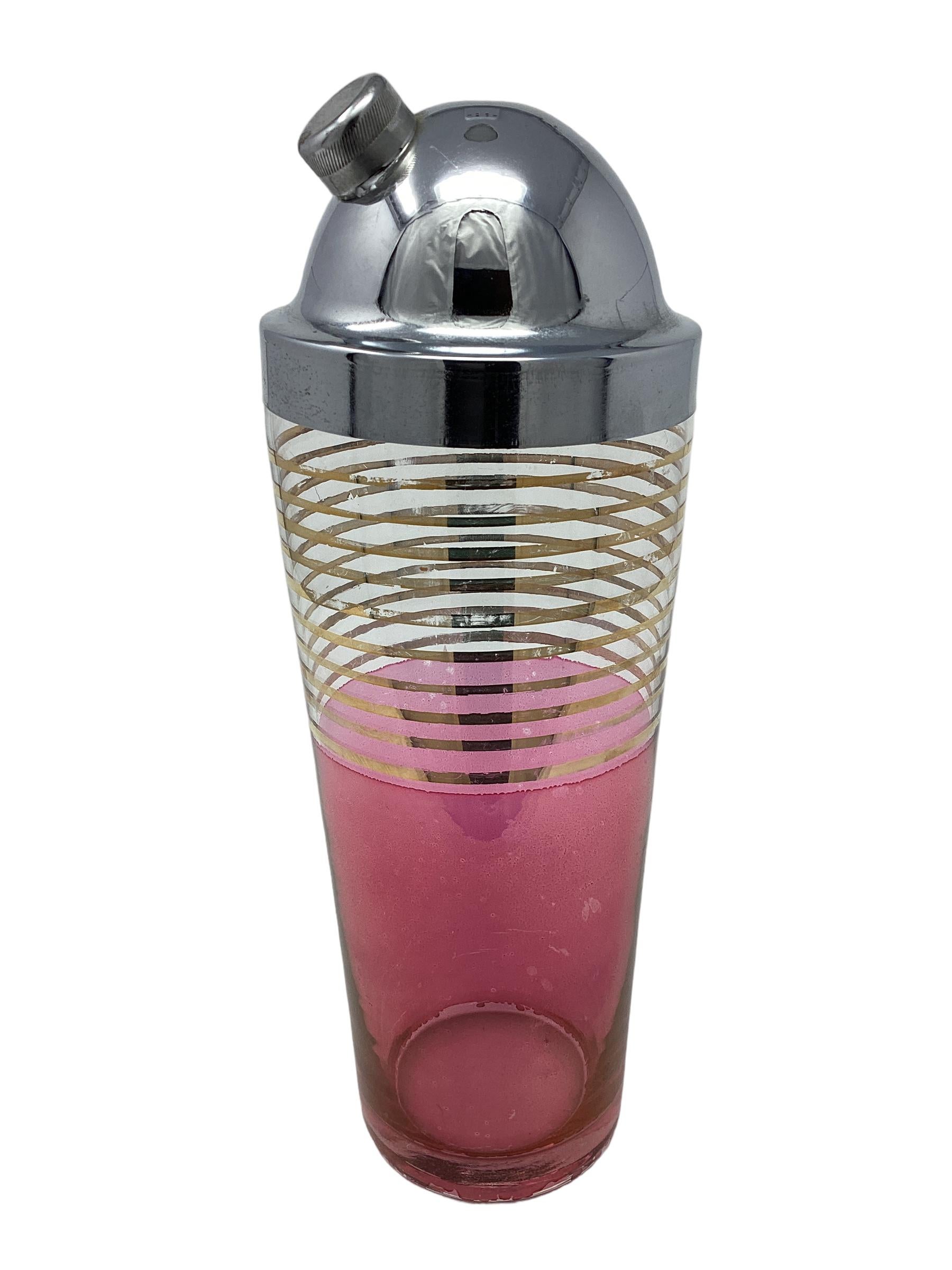 Vintage Mid Century Pink and Gold Glass Cocktail Shaker with Chrome Top.