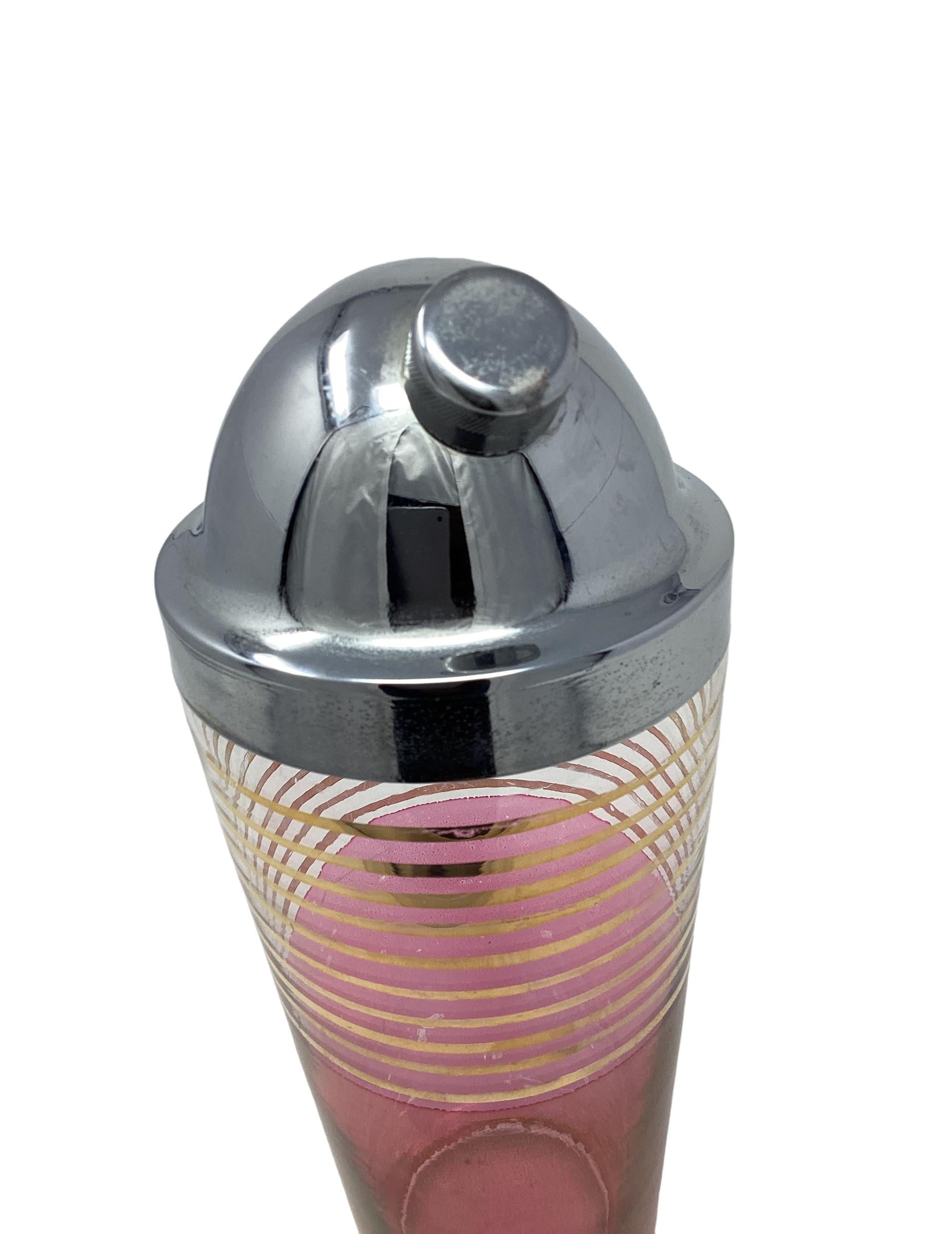 American Vintage Mid Century Pink and Gold Glass Cocktail Shaker For Sale
