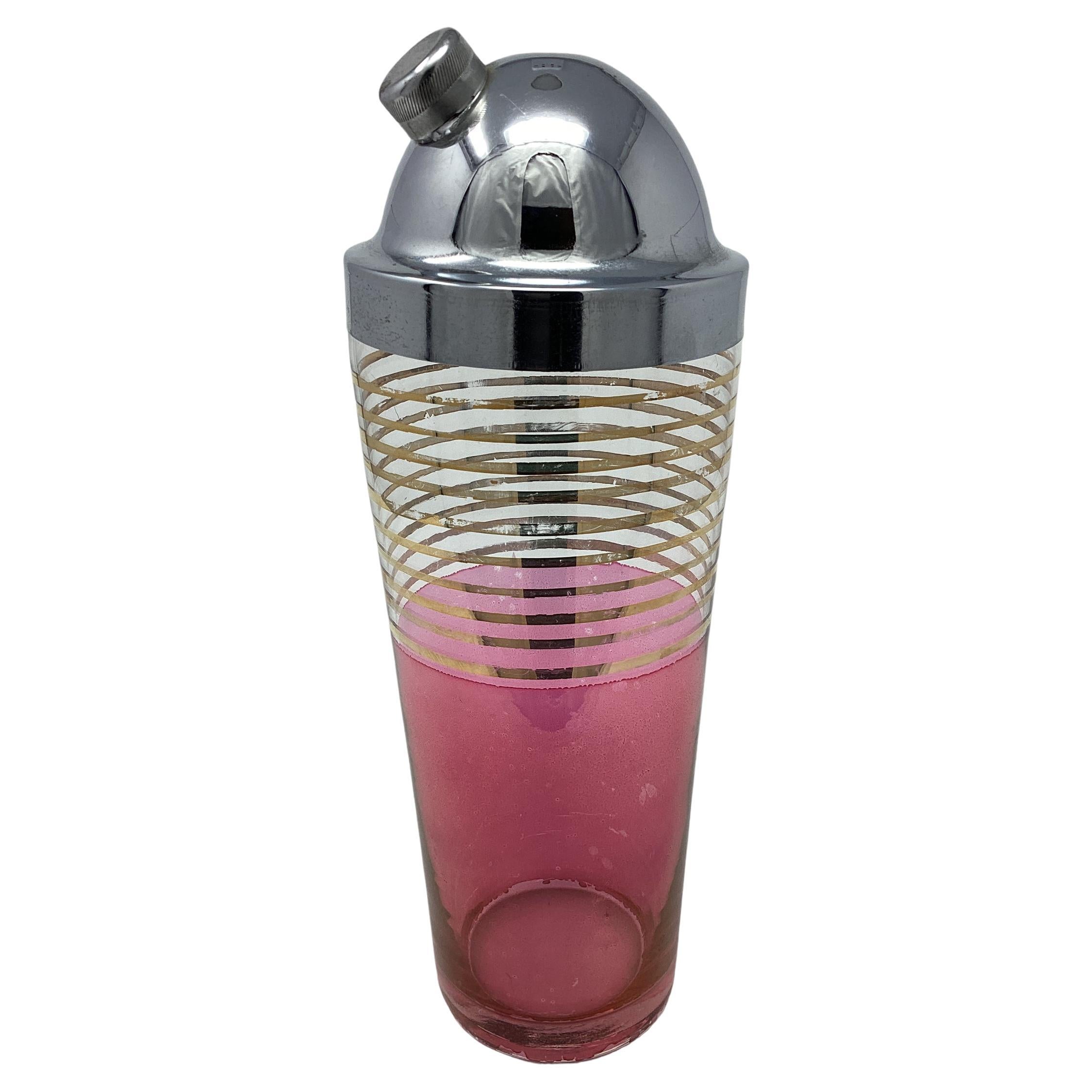 Vintage Mid Century Pink and Gold Glass Cocktail Shaker 