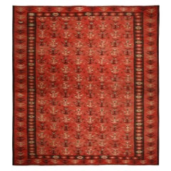 Vintage Mid-Century Pirot Salmon Red and Beige-Brown Wool Kilim Rug