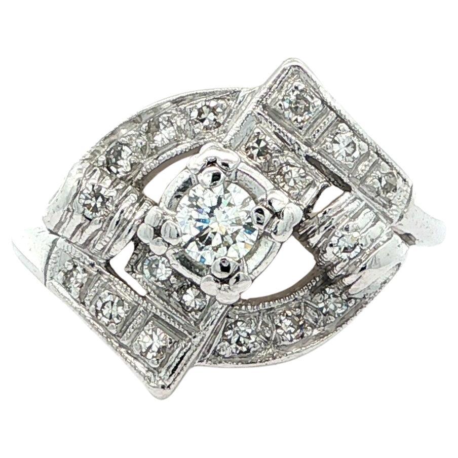 Vintage Mid Century Platinum 0.38ctw Diamond Milgrain Scroll Work Bypass Ring For Sale