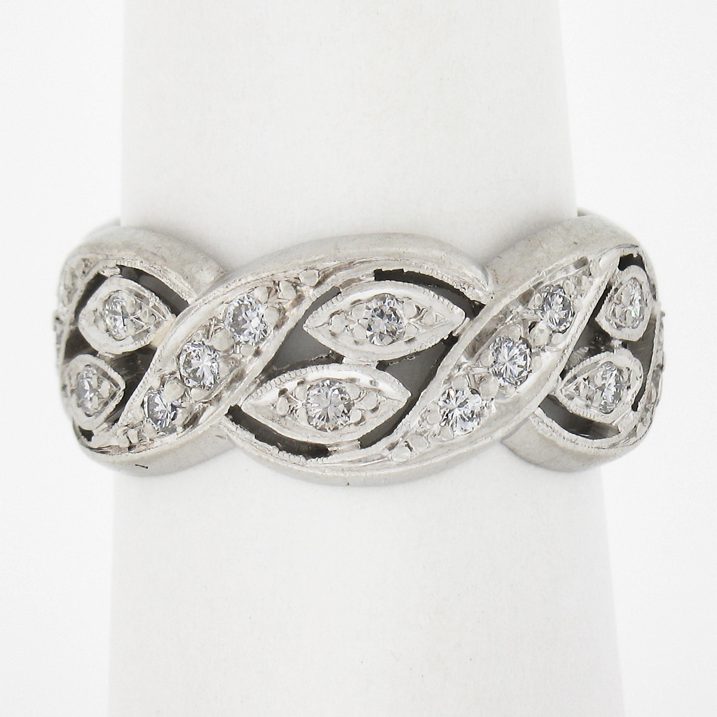 Art Deco Vintage Mid Century Platinum 0.60ct Pave Diamond Open Work Wavy Wide Band Ring For Sale