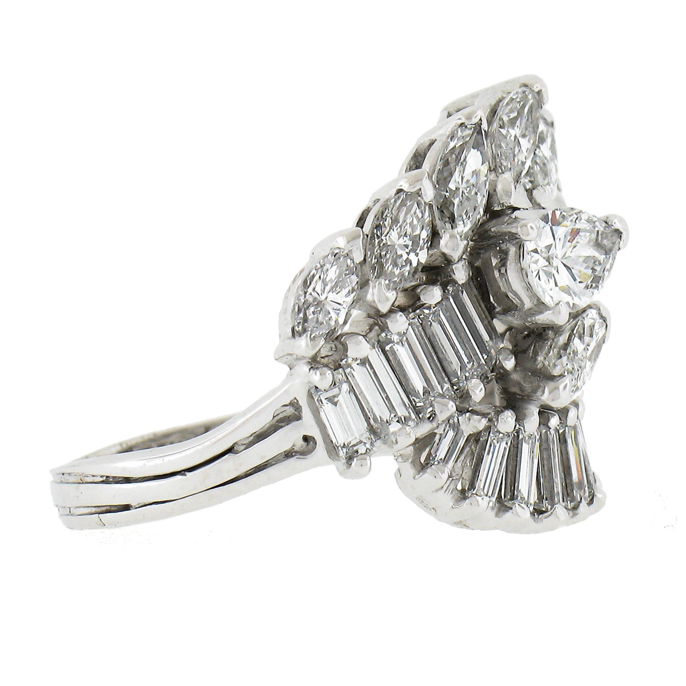 Vintage Mid Century Platin 3,16 Karat Marquise Baguette Diamant Spray Wirbel Ring, Vintage Damen