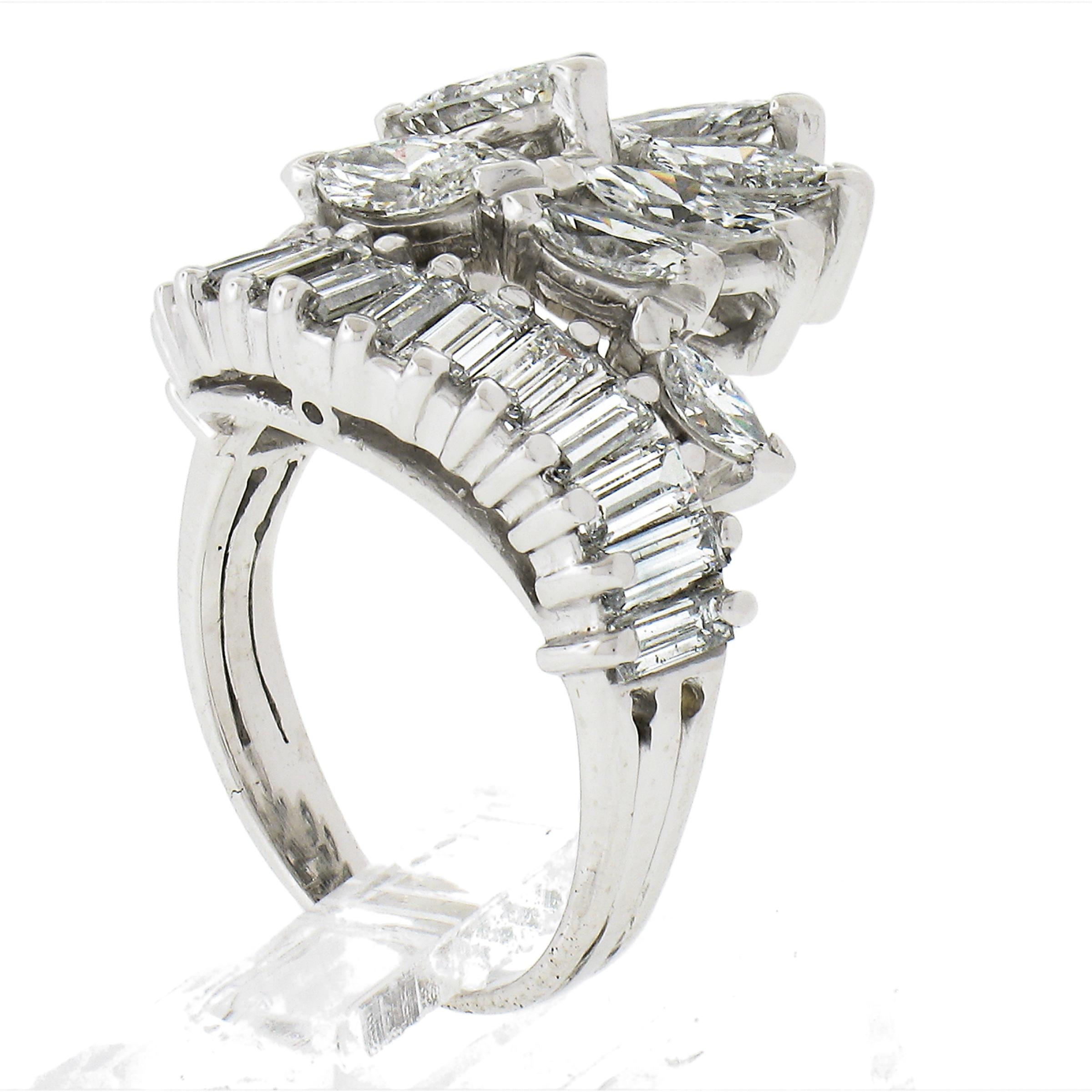 Vintage Mid Century Platin 3,16 Karat Marquise Baguette Diamant Spray Wirbel Ring, Vintage 4