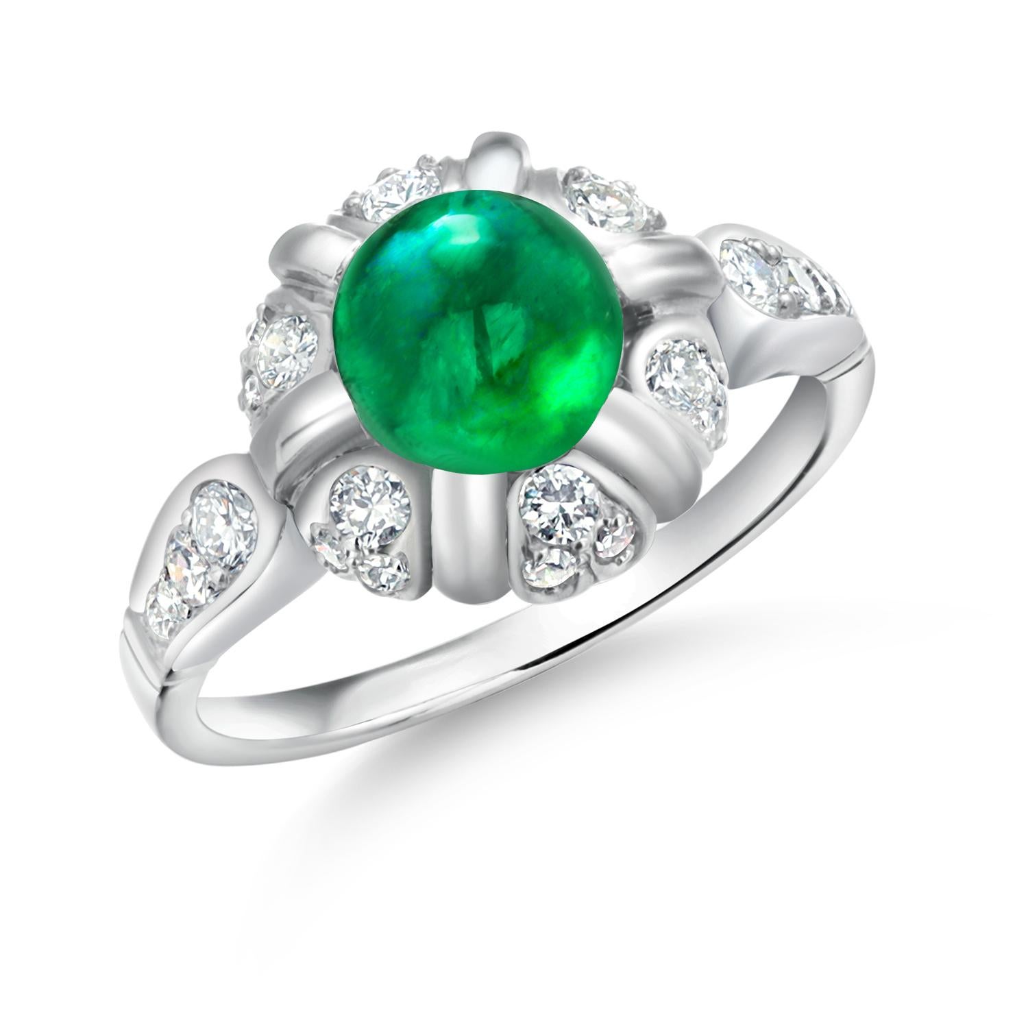 Women's Vintage Mid Century Platinum Cabochon Emerald 1.90 Carat Diamond 0.40 Ring  For Sale