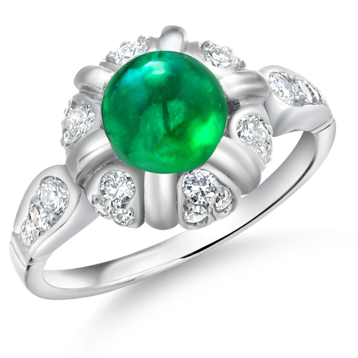 Vintage Mid Century Platinum Cabochon Emerald 1.90 Carat Diamond 0.40 Ring  For Sale 2