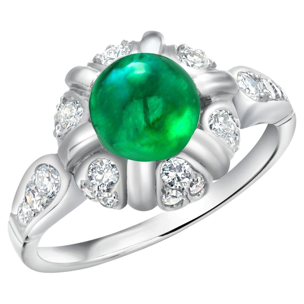 Vintage Mid Century Platinum Cabochon Emerald 1.90 Carat Diamond 0.40 Ring  For Sale