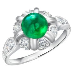 Vintage Mid Century Platinum Cabochon Emerald 1.90 Carat Diamond 0.40 Ring 