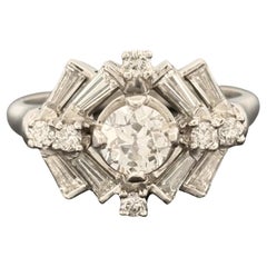 Anello da cocktail con diamante taglio europeo vintage di metà secolo, in platino, 1,87 ct.