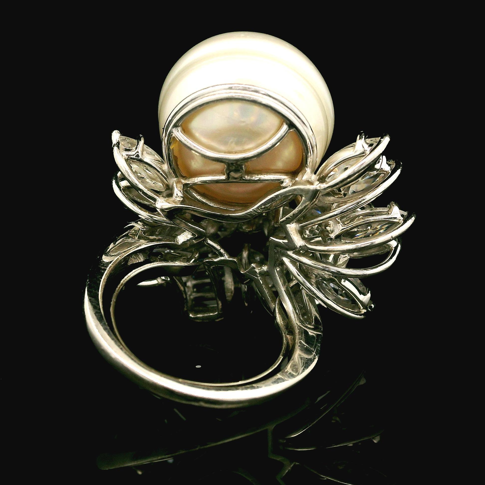 Vintage Mid Century Platinum GIA 16.09mm Pearl & 6ct Diamond Spray Cocktail Ring For Sale 5