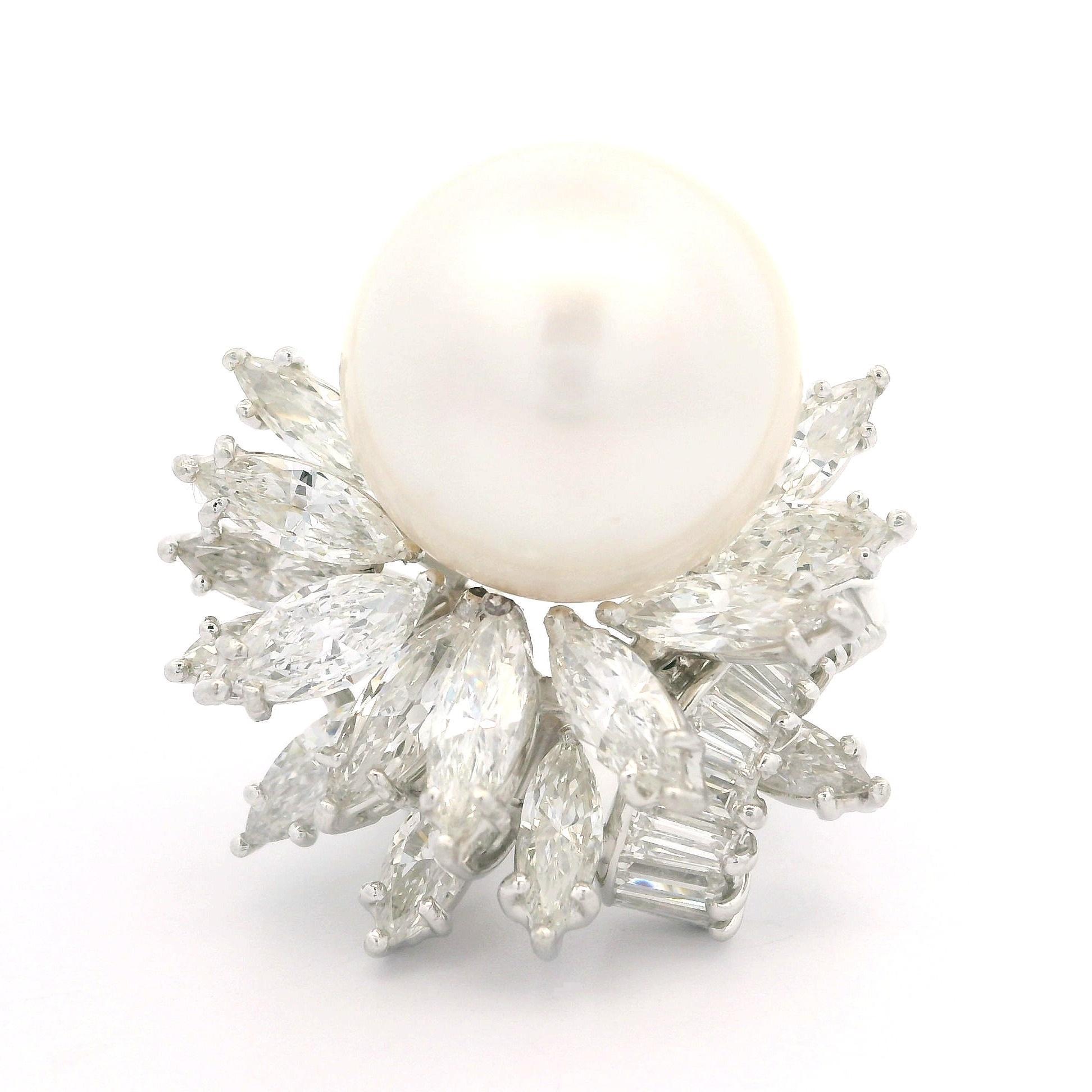 REALLY MUST SEE!

--Stone(s):--
(1) Genuine Cultured Saltwater Pearl - Button Shape - White Color - 16.09mm (exact. certified)
** See Certification Details Below for Complete Info **
(32) Natural Genuine Diamonds - 15 Marquise Cut & 17 Baguette Cut