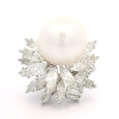 Vintage Mid Century Platinum GIA 16.09mm Pearl & 6ct Diamond Spray Cocktail Ring