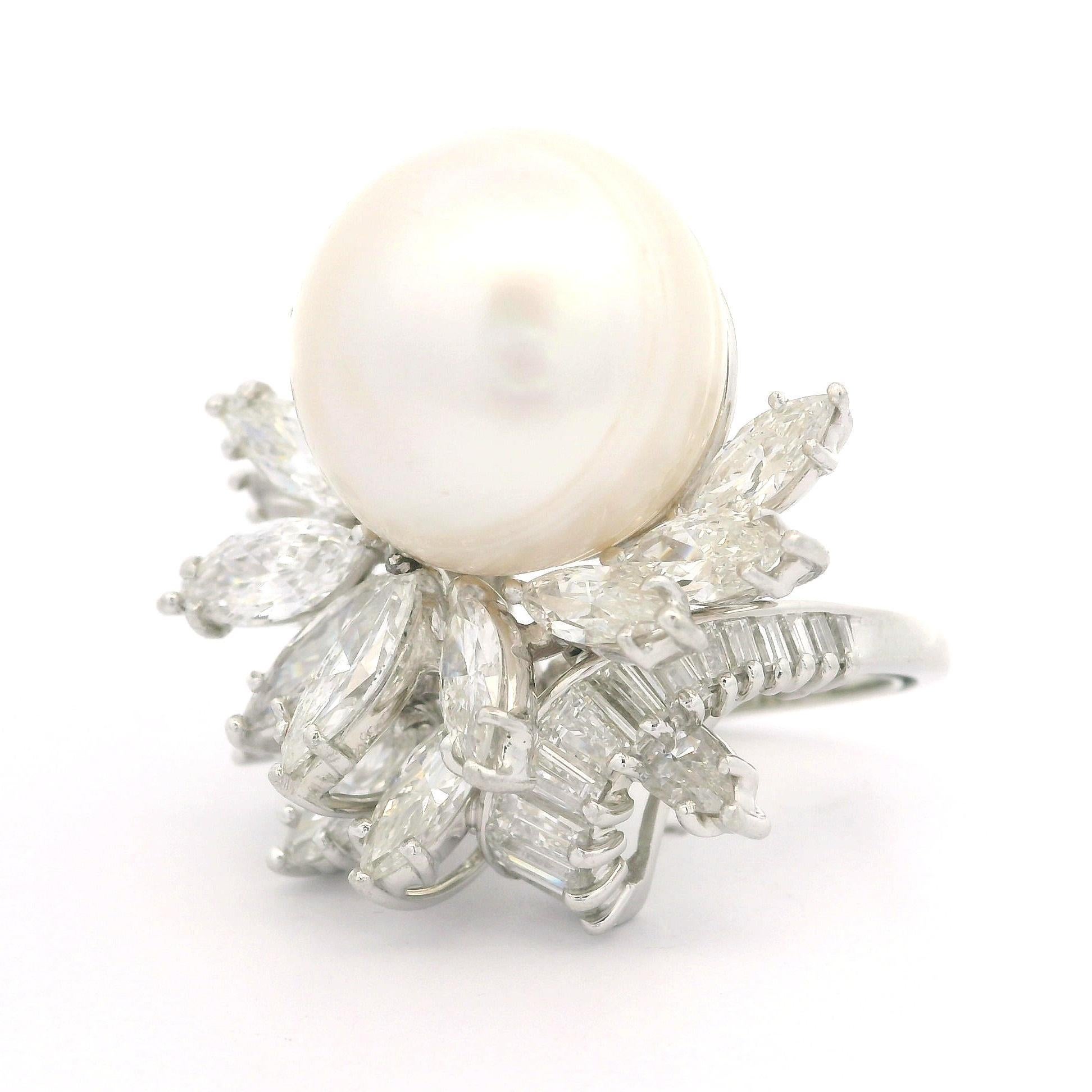 Baguette Cut Vintage Mid Century Platinum GIA 16.09mm Pearl & 6ct Diamond Spray Cocktail Ring For Sale