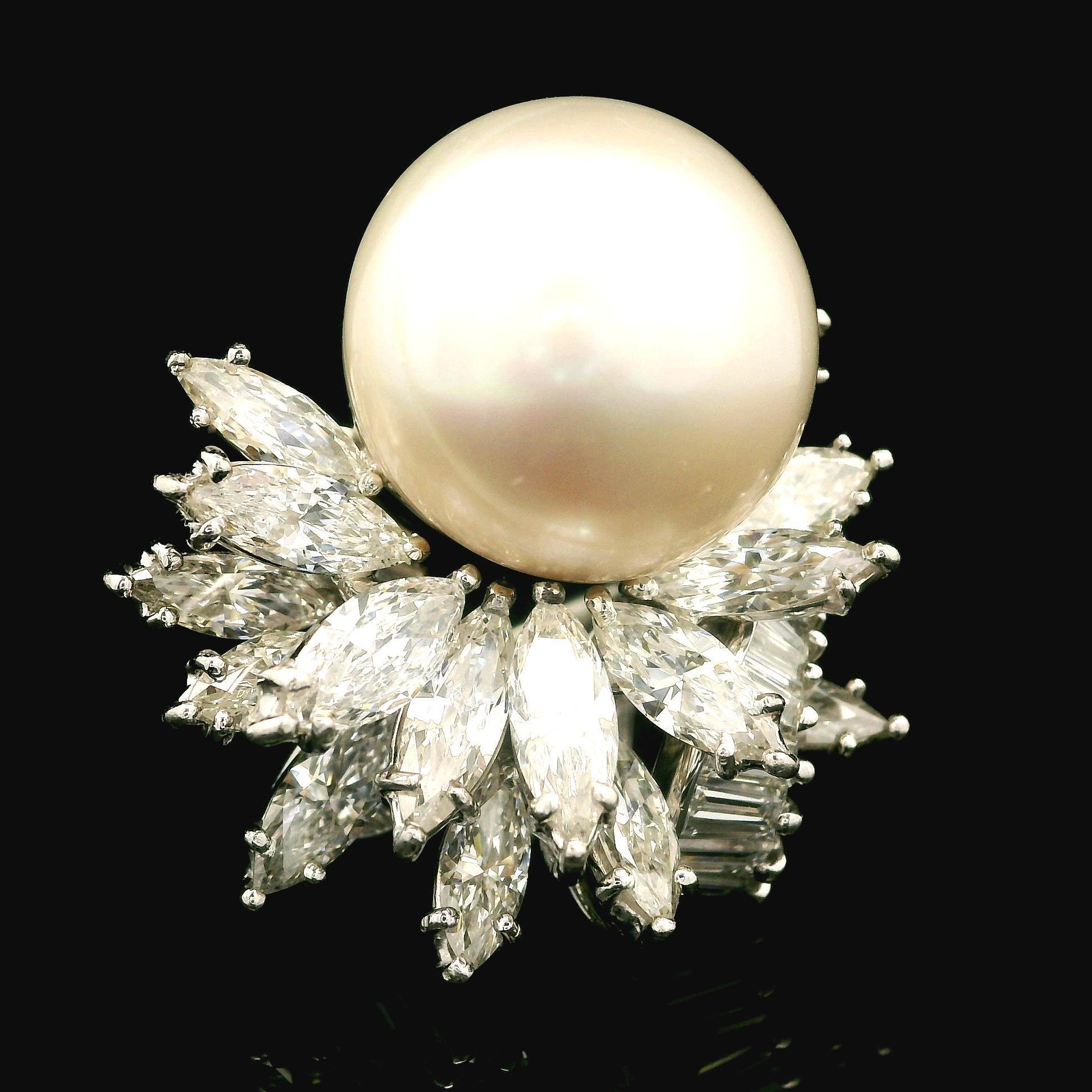Vintage Mid Century Platinum GIA 16.09mm Pearl & 6ct Diamond Spray Cocktail Ring In Excellent Condition For Sale In Montclair, NJ
