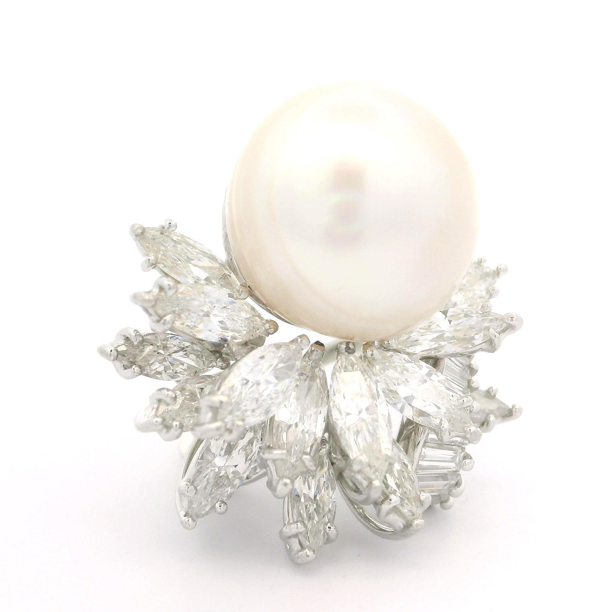 Women's Vintage Mid Century Platinum GIA 16.09mm Pearl & 6ct Diamond Spray Cocktail Ring For Sale