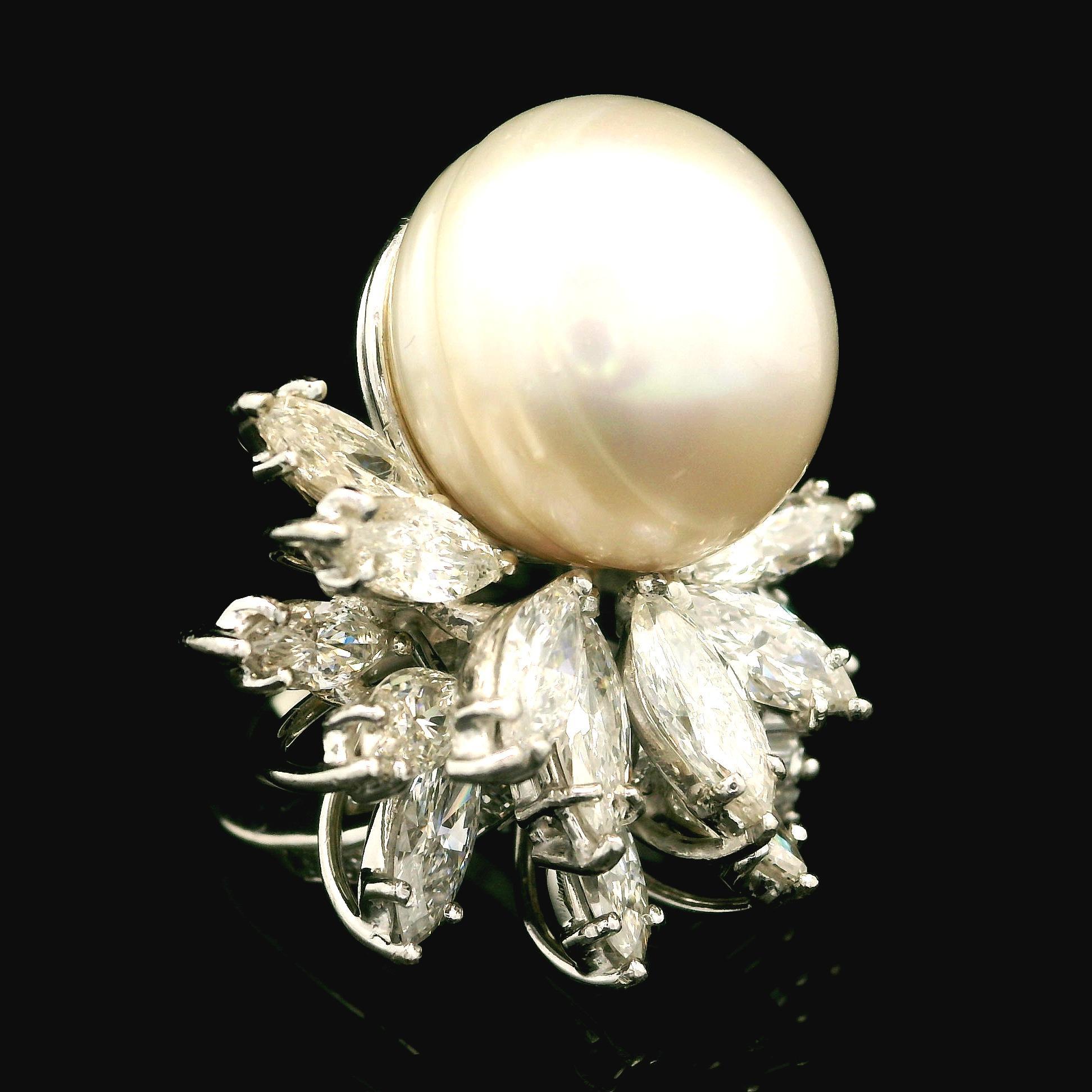 Vintage Mid Century Platinum GIA 16.09mm Pearl & 6ct Diamond Spray Cocktail Ring For Sale 1
