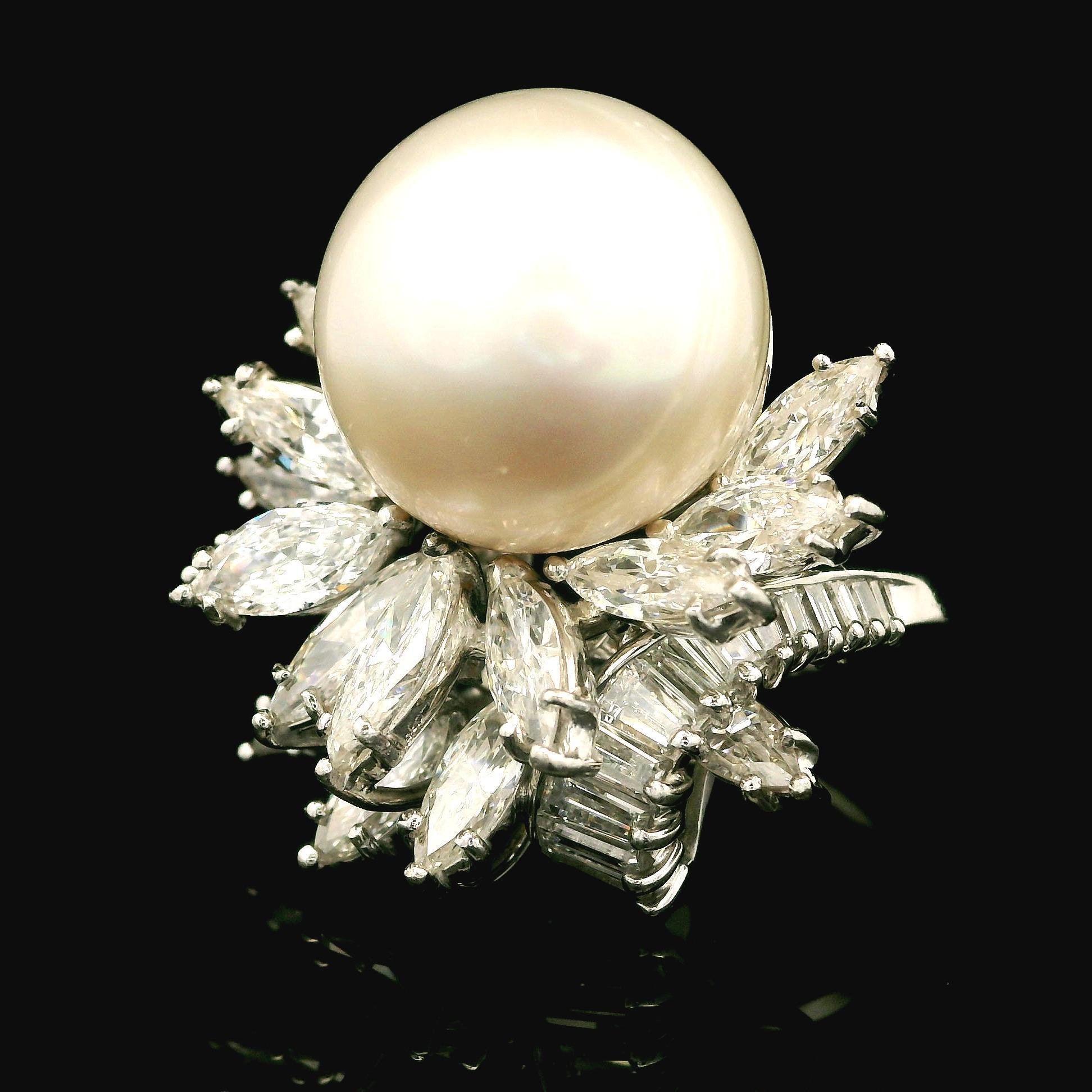 Vintage Mid Century Platinum GIA 16.09mm Pearl & 6ct Diamond Spray Cocktail Ring For Sale 2