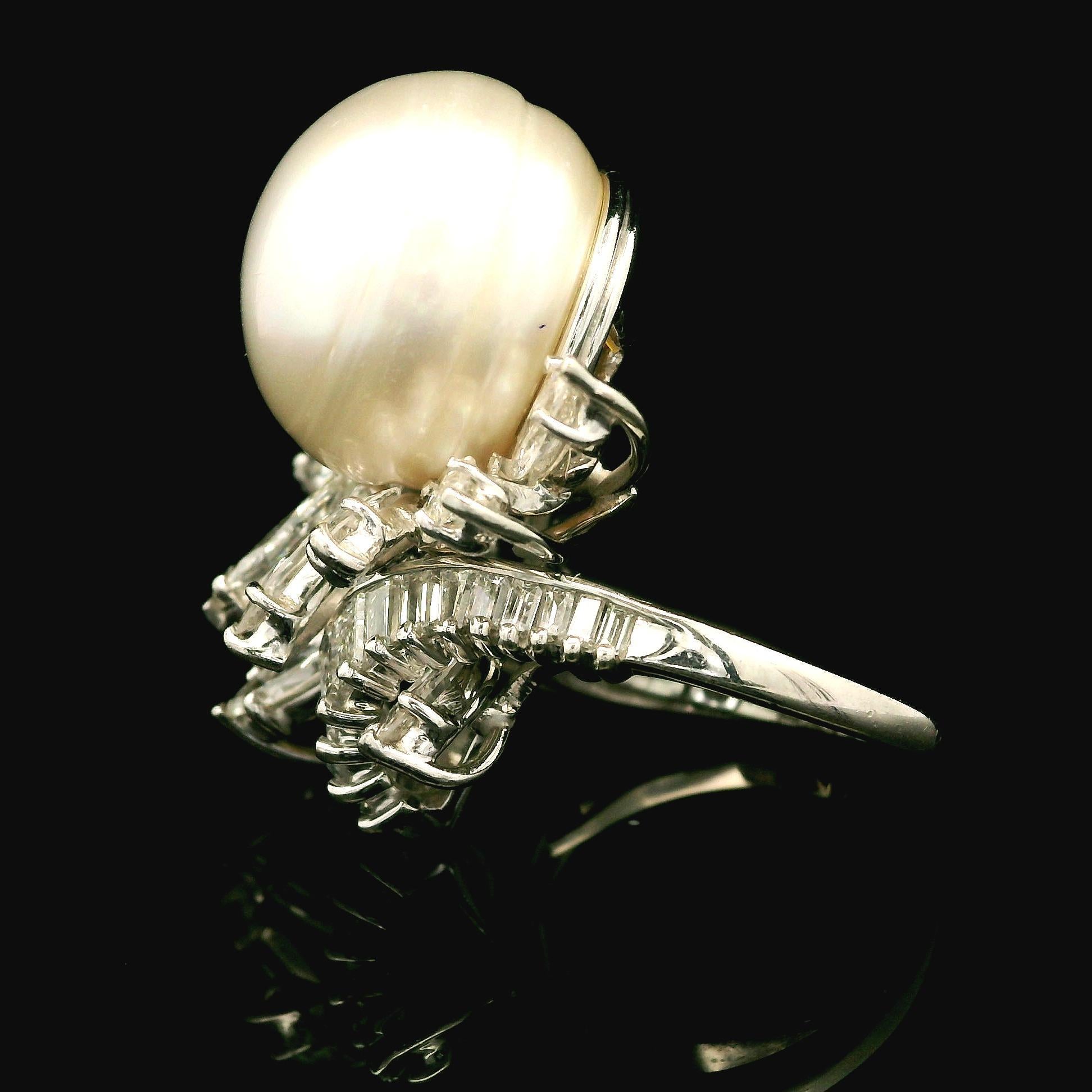 Vintage Mid Century Platinum GIA 16.09mm Pearl & 6ct Diamond Spray Cocktail Ring For Sale 3