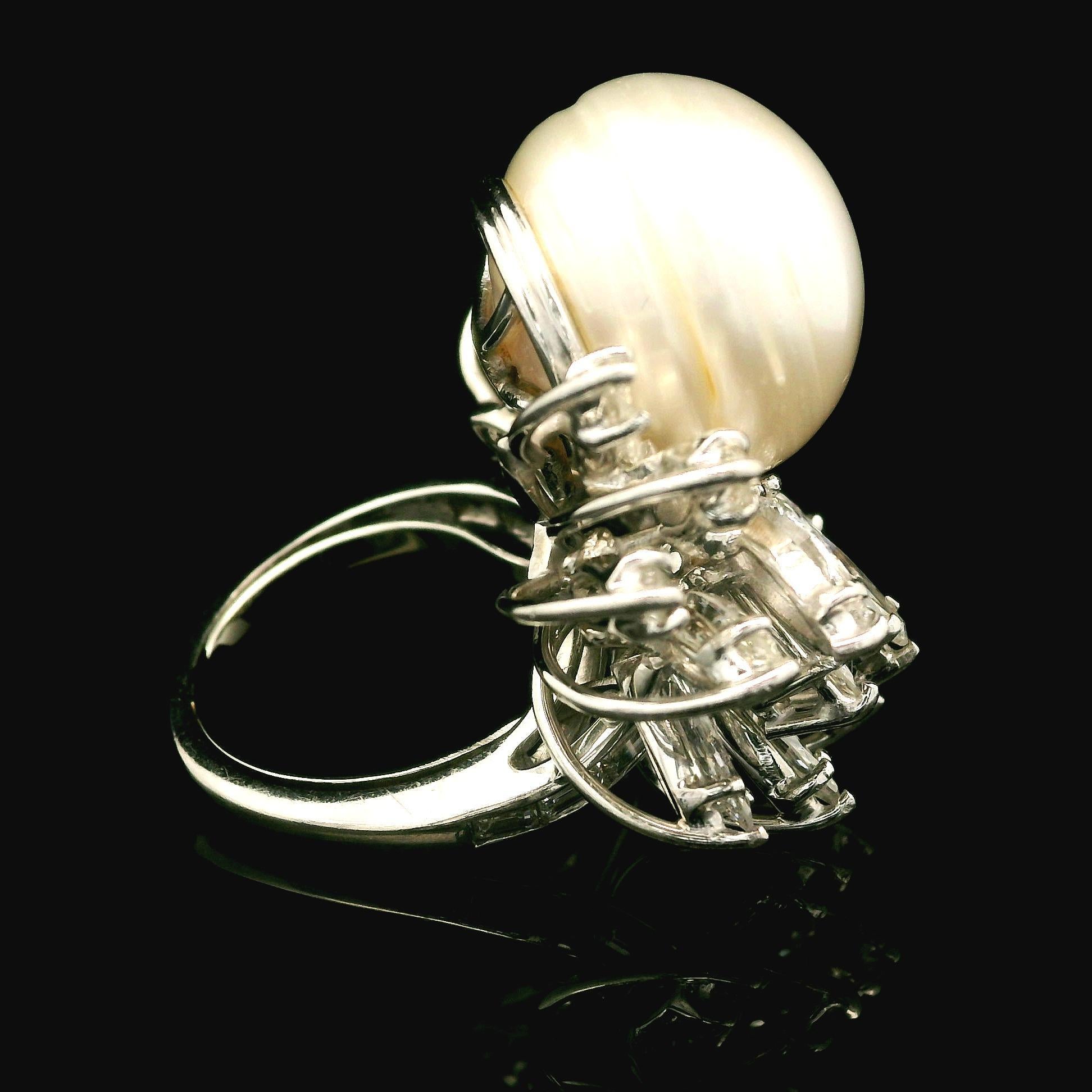 Vintage Mid Century Platinum GIA 16.09mm Pearl & 6ct Diamond Spray Cocktail Ring For Sale 4