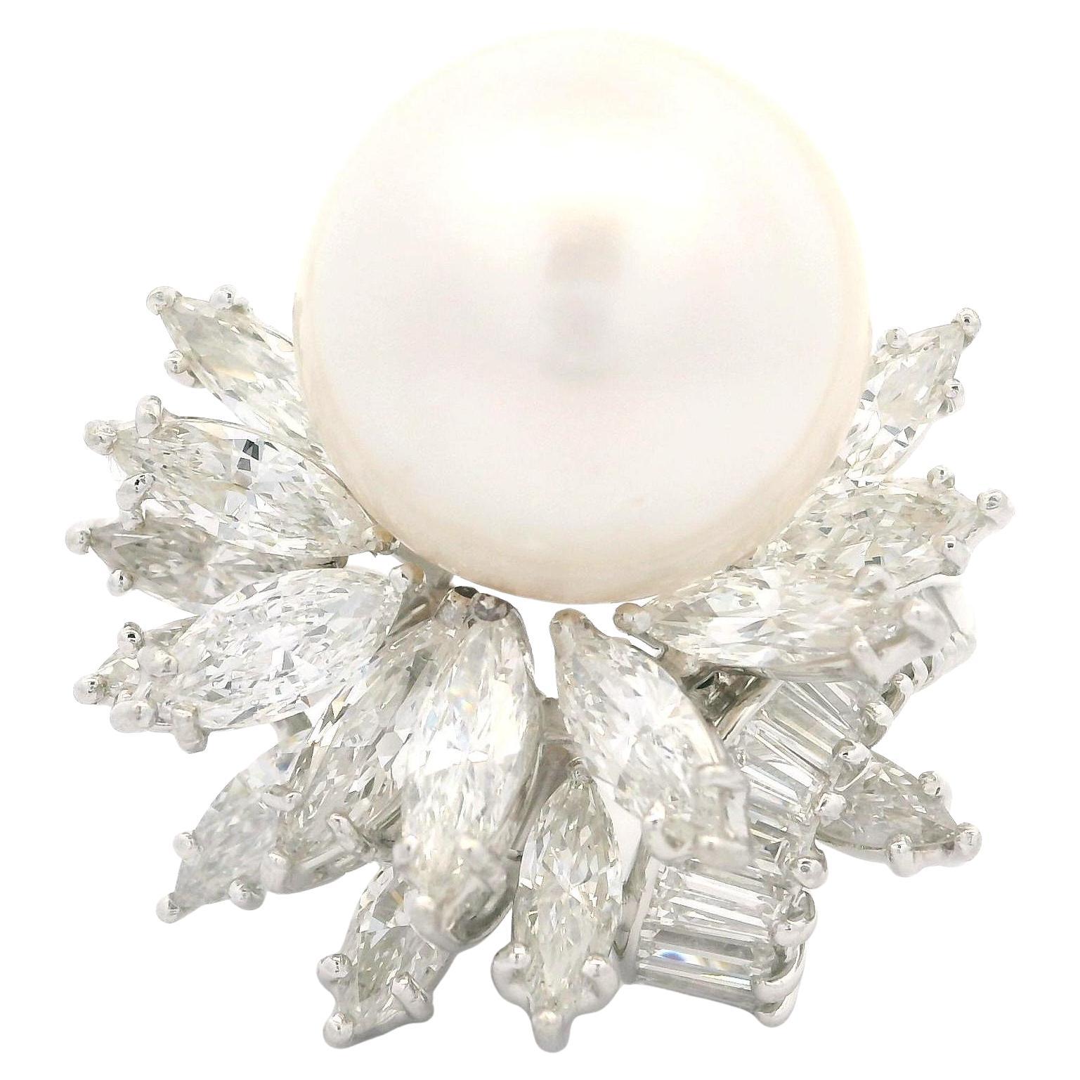 Vintage Mid Century Platinum GIA 16.09mm Pearl & 6ct Diamond Spray Cocktail Ring