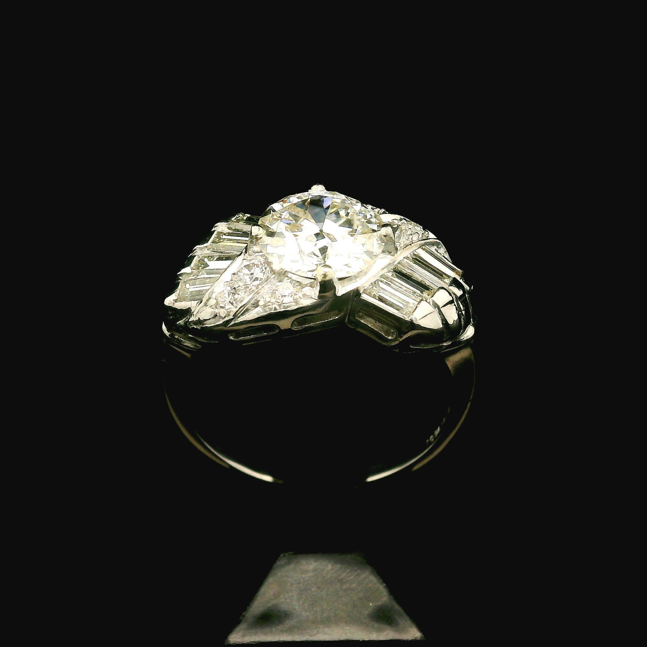 Vintage Mid Century Platin GIA 2,6ctw Fiery Old Cut und Baguette Diamantring, Vintage 5
