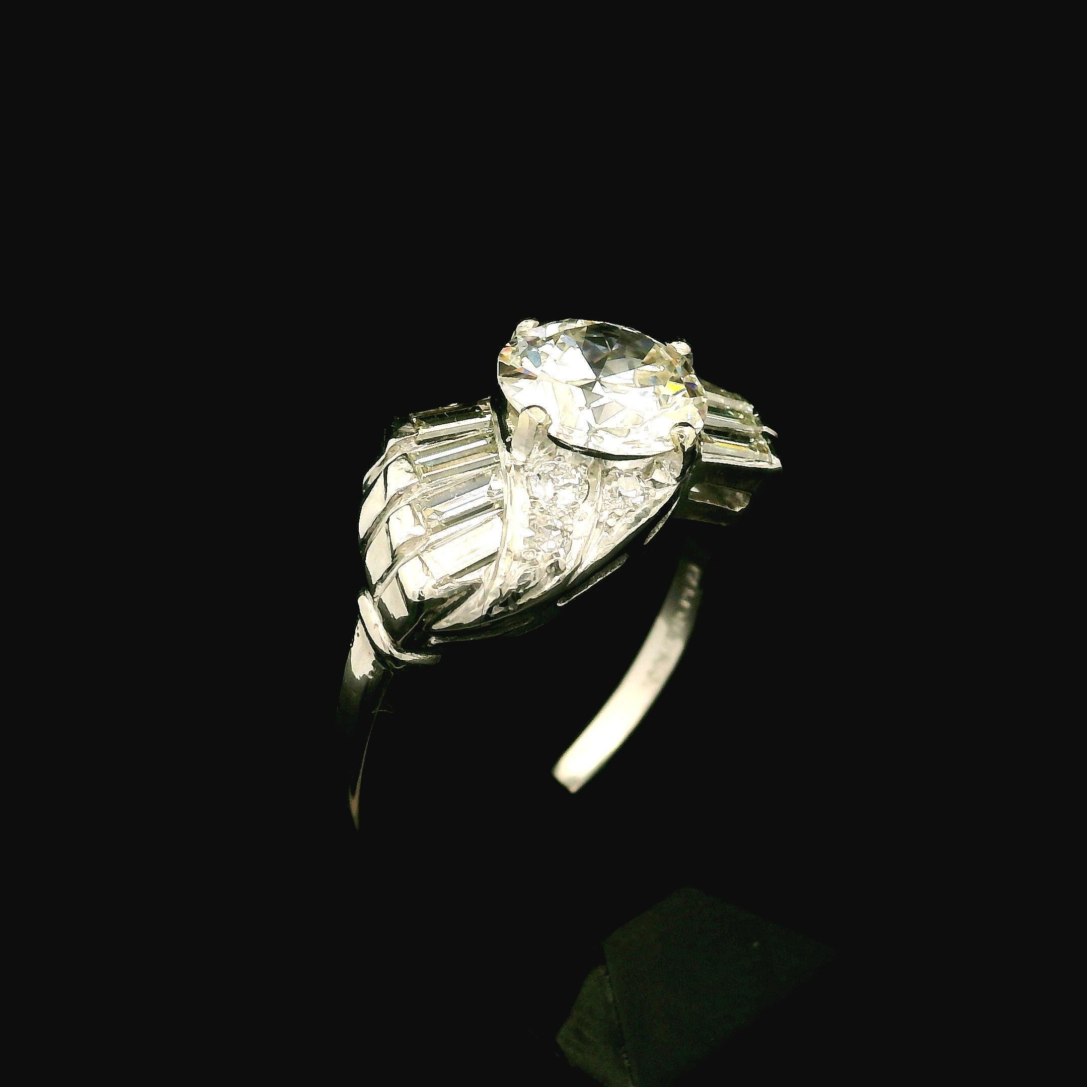 Vintage Mid Century Platin GIA 2,6ctw Fiery Old Cut und Baguette Diamantring, Vintage 6