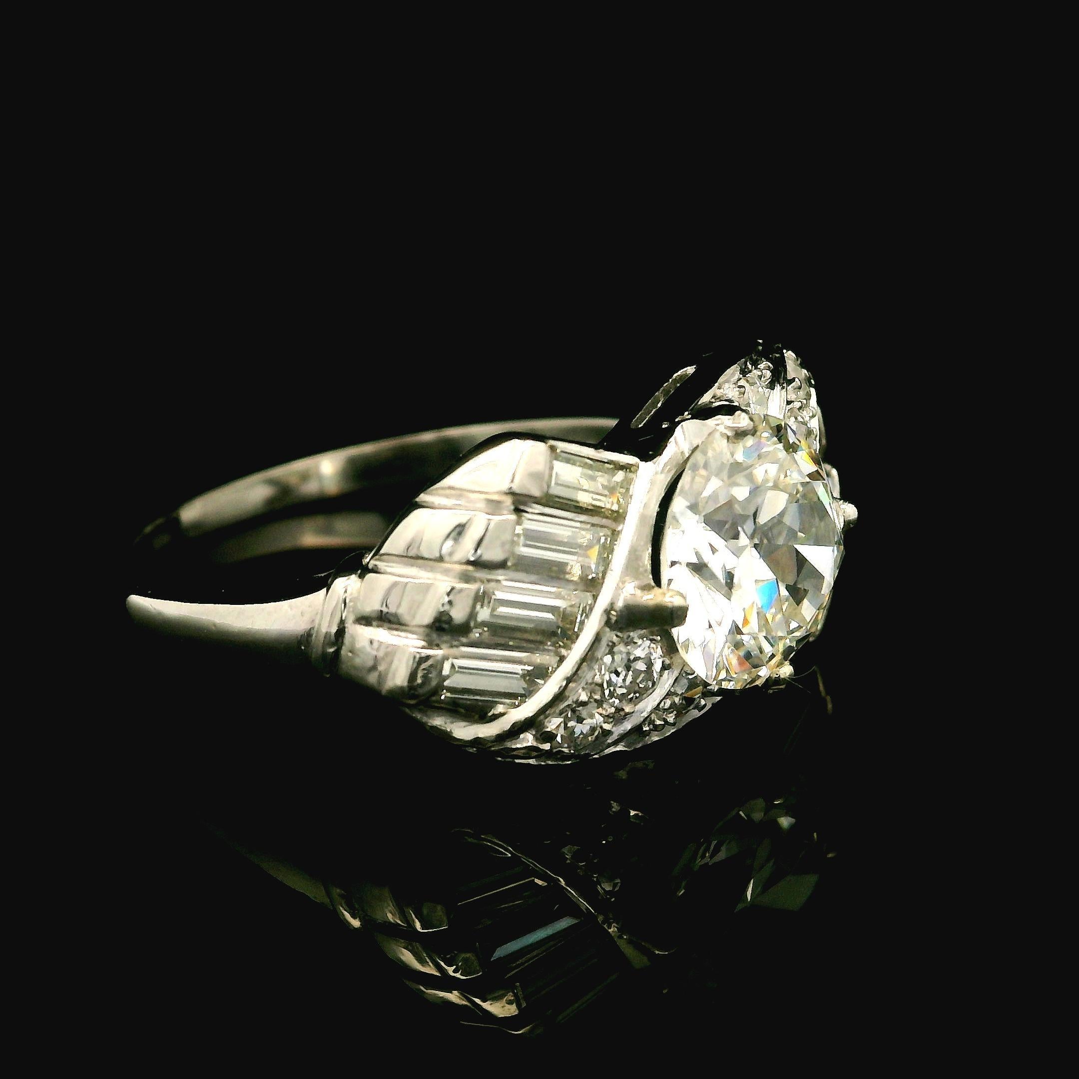 Vintage Mid Century Platin GIA 2,6ctw Fiery Old Cut und Baguette Diamantring, Vintage 9