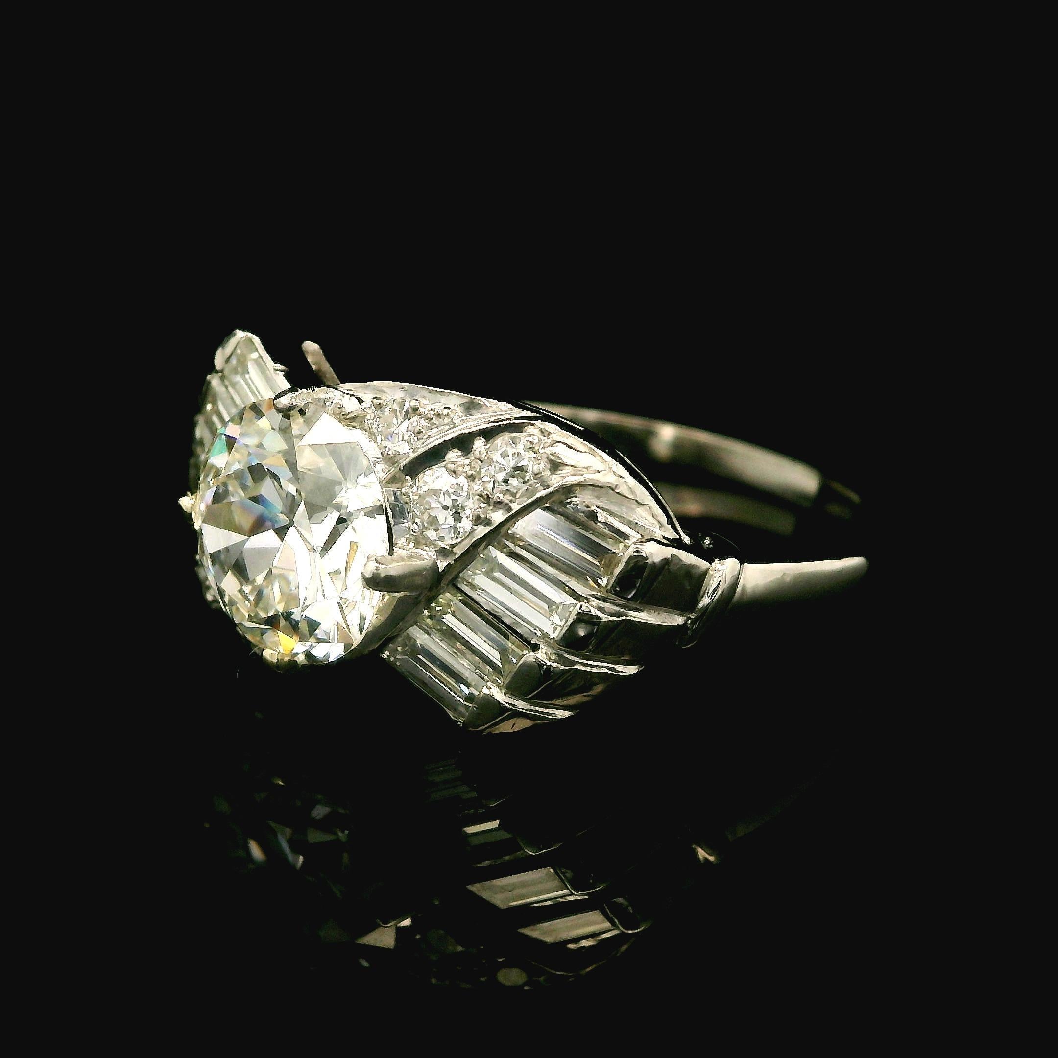 Vintage Mid Century Platin GIA 2,6ctw Fiery Old Cut und Baguette Diamantring, Vintage 10