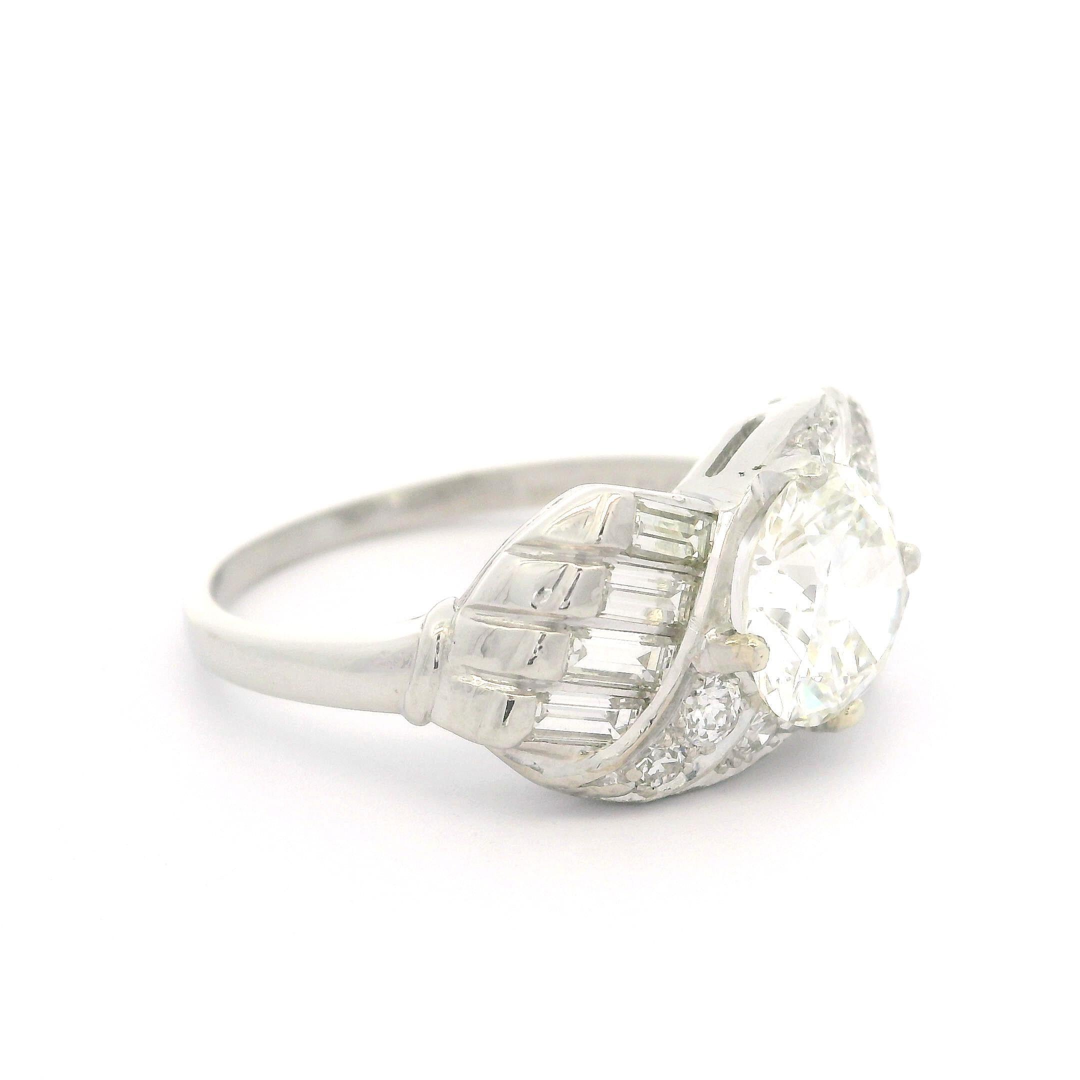 Vintage Mid Century Platin GIA 2,6ctw Fiery Old Cut und Baguette Diamantring, Vintage 2