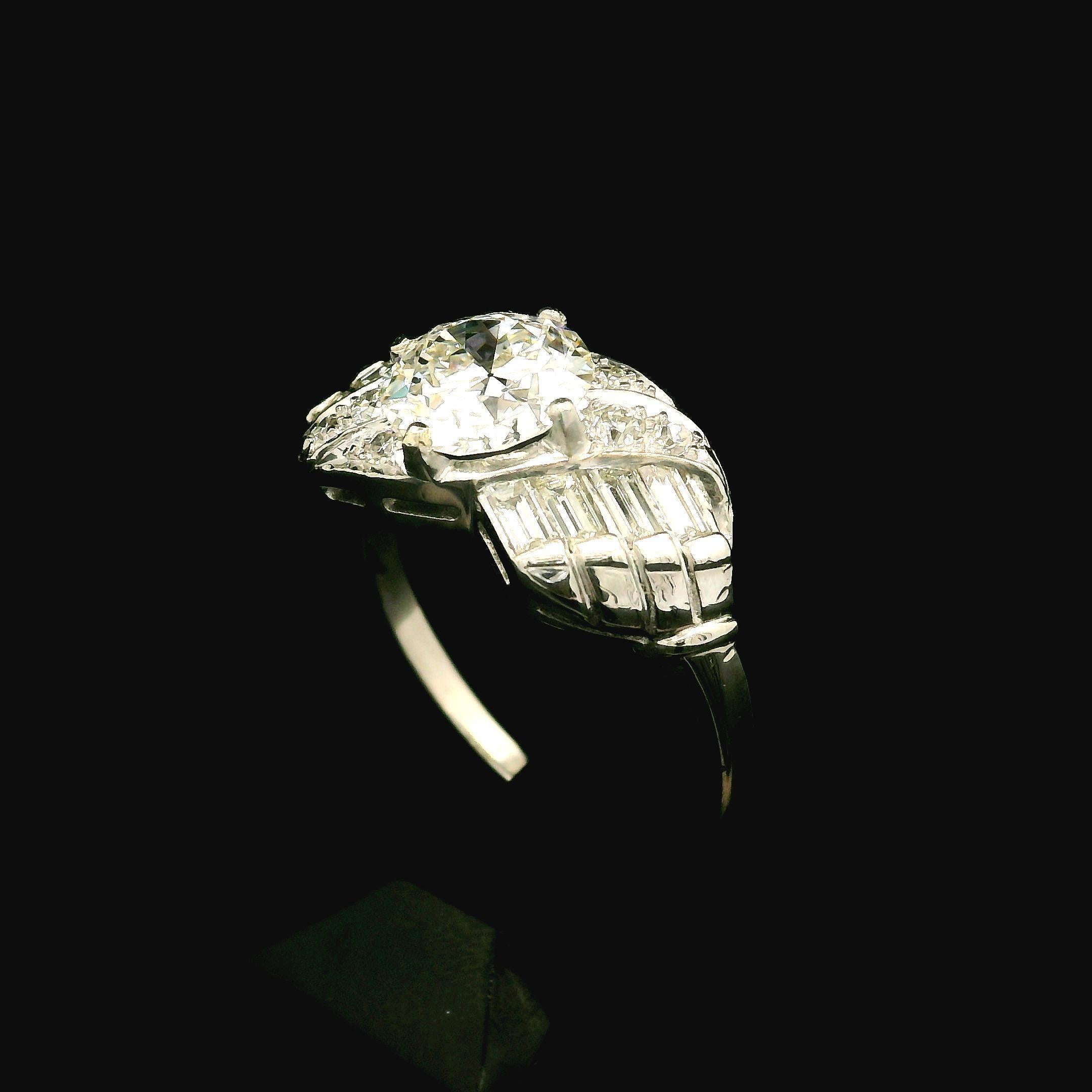 Vintage Mid Century Platin GIA 2,6ctw Fiery Old Cut und Baguette Diamantring, Vintage 4