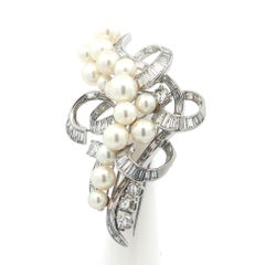 Vintage Mid Century Platinum & Gold 7.5ctw Diamond w/ Pearl Ribbon Pin Brooch