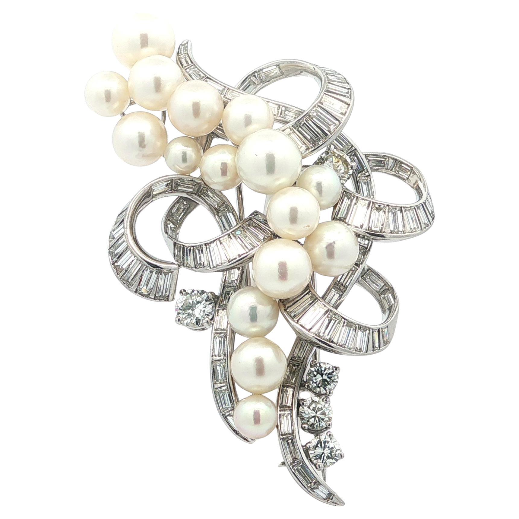 Vintage Mid Century Platinum & Gold 7.5ctw Diamond w/ Pearl Ribbon Pin Brooch