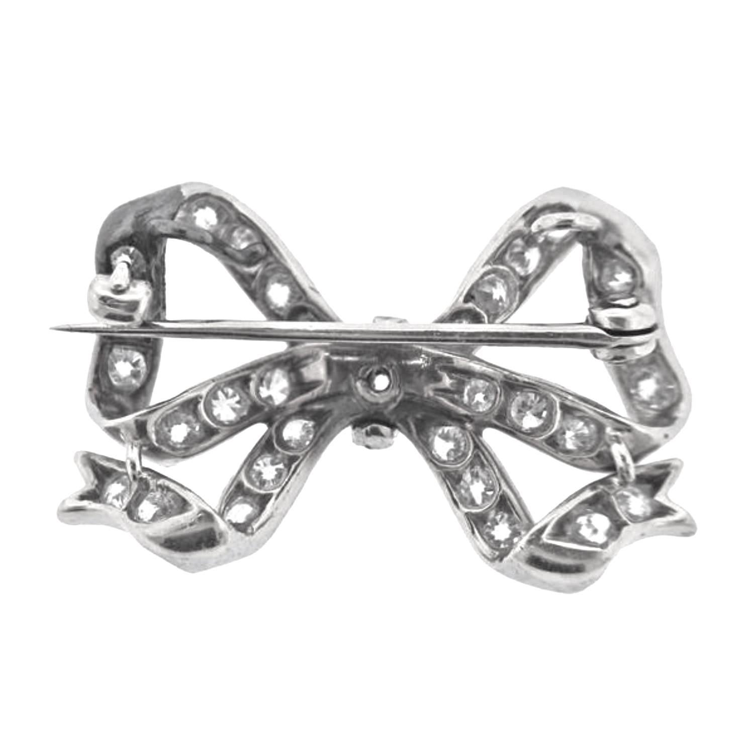 Women's or Men's Vintage Mid Century Platinum Old Mine Diamond One Carat Bow Brooch 1.3 Inch  For Sale