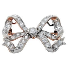 Vintage Mid Century Platinum Old Mine Diamond One Carat Bow Brooch 1.3 Inch
