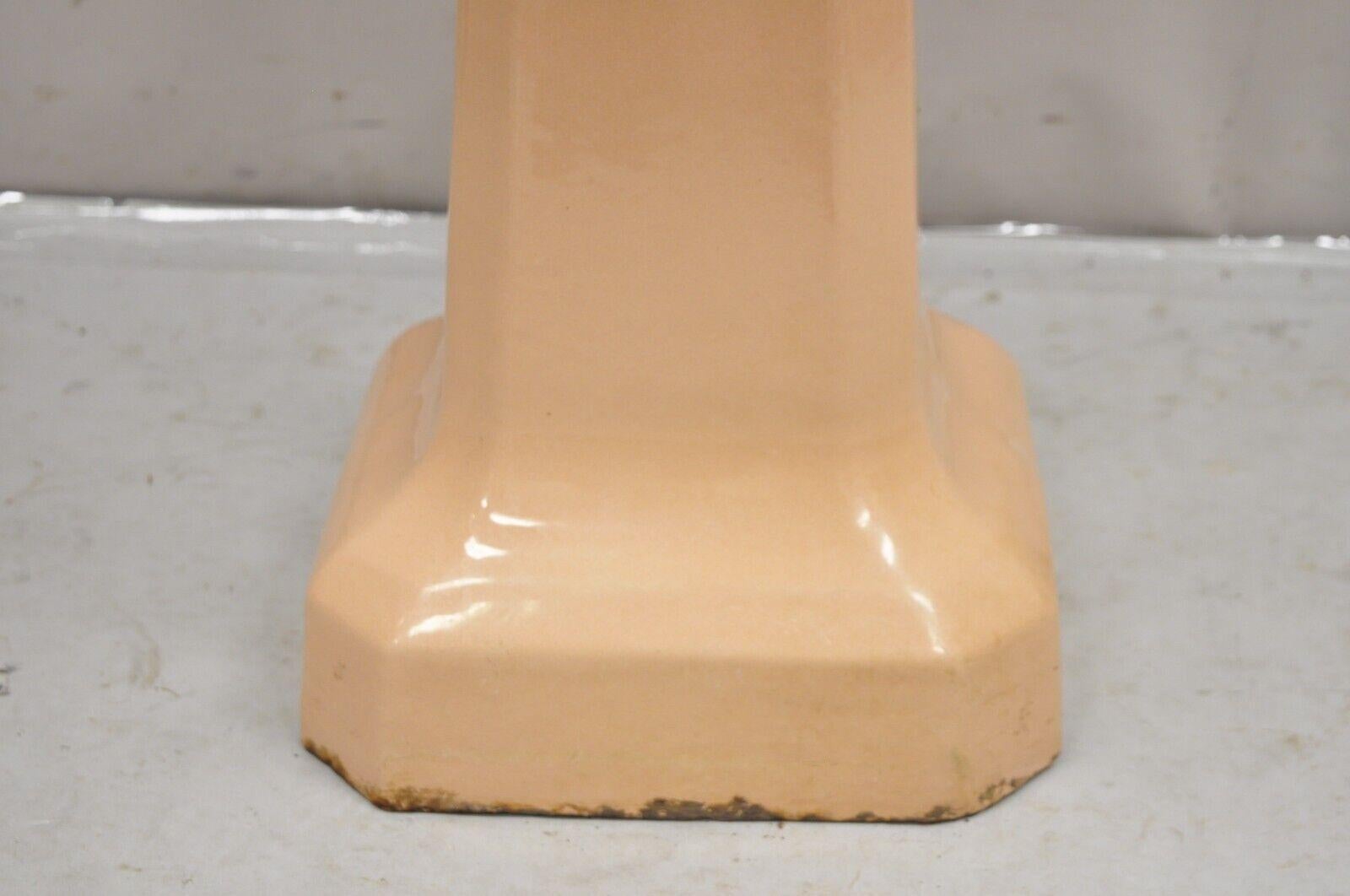 Vintage Mid Century Porcelain Enamel Salmon Pink Bathroom Pedestal Sink In Good Condition For Sale In Philadelphia, PA