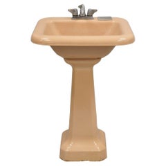 Used Mid Century Porcelain Enamel Salmon Pink Bathroom Pedestal Sink