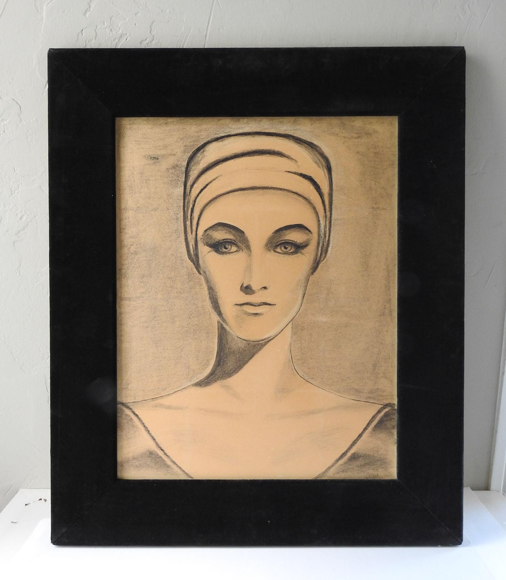 Vintage mid century charcoal on paper portrait drawing of elegant woman.  Signed Crow lower right corner.  Displayed in black velvet over wood frame, no glass, age toning, scuff to paper upper left corner.
