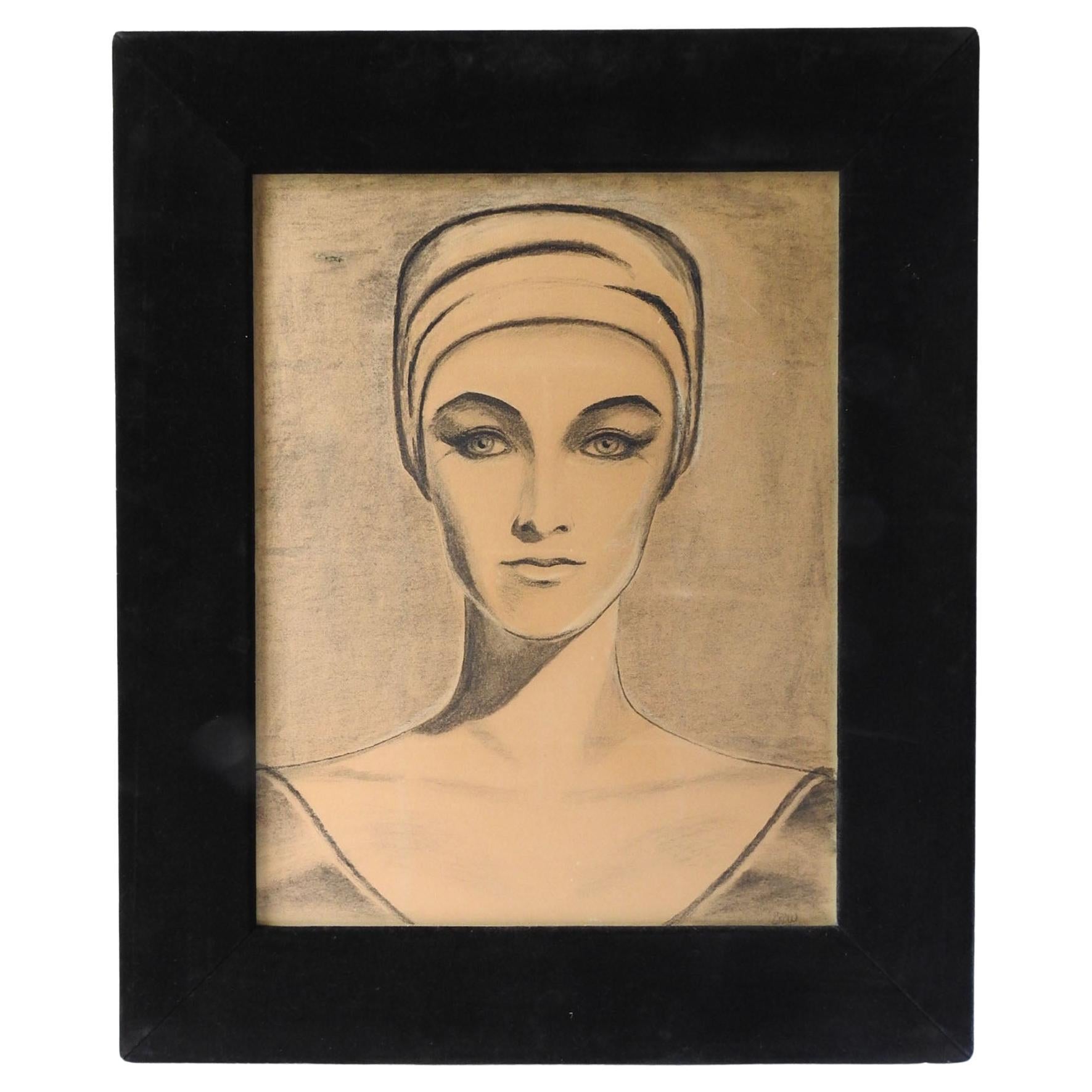Vintage Mid Century Portait Drawing of Woman For Sale