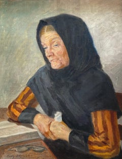 Vintage mid century portrait oil painting from Denmark with old woman from Fur