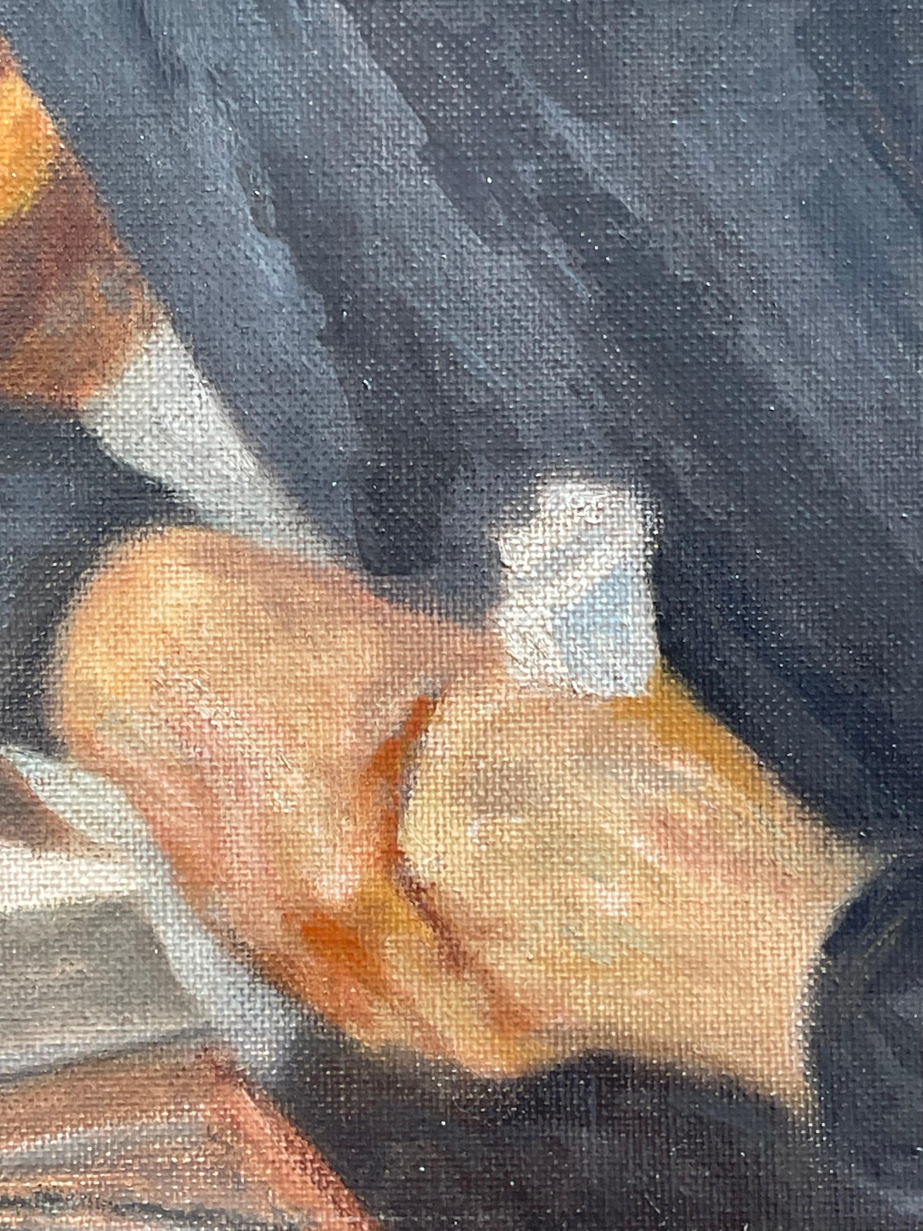 Vintage Mitte des Jahrhunderts Porträt Ölgemälde aus Dänemark mit alten Frau aus Fell (Gemalt) im Angebot