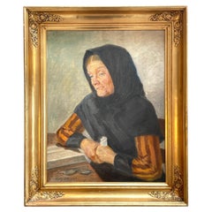 Vintage mid century portrait oil painting from Denmark with old woman from Fur