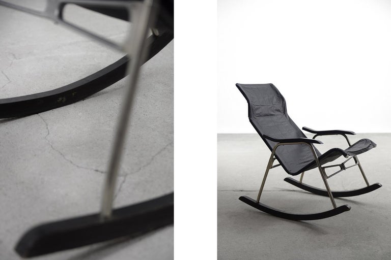 Aluminum Vintage Mid-Century Postmodern Minimalist Leather Rocking Chair by Takeshi Nii For Sale