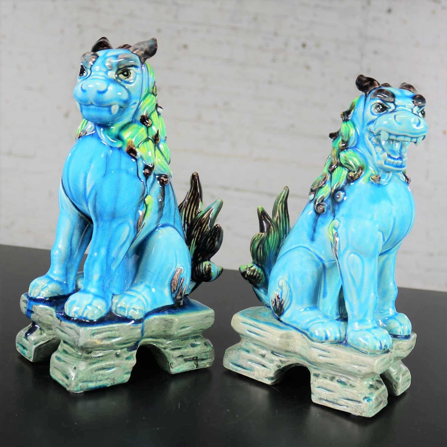 Vintage Midcentury Pr Japanese Komainu Lion Dogs Ceramic Turquoise Green Glaze 4