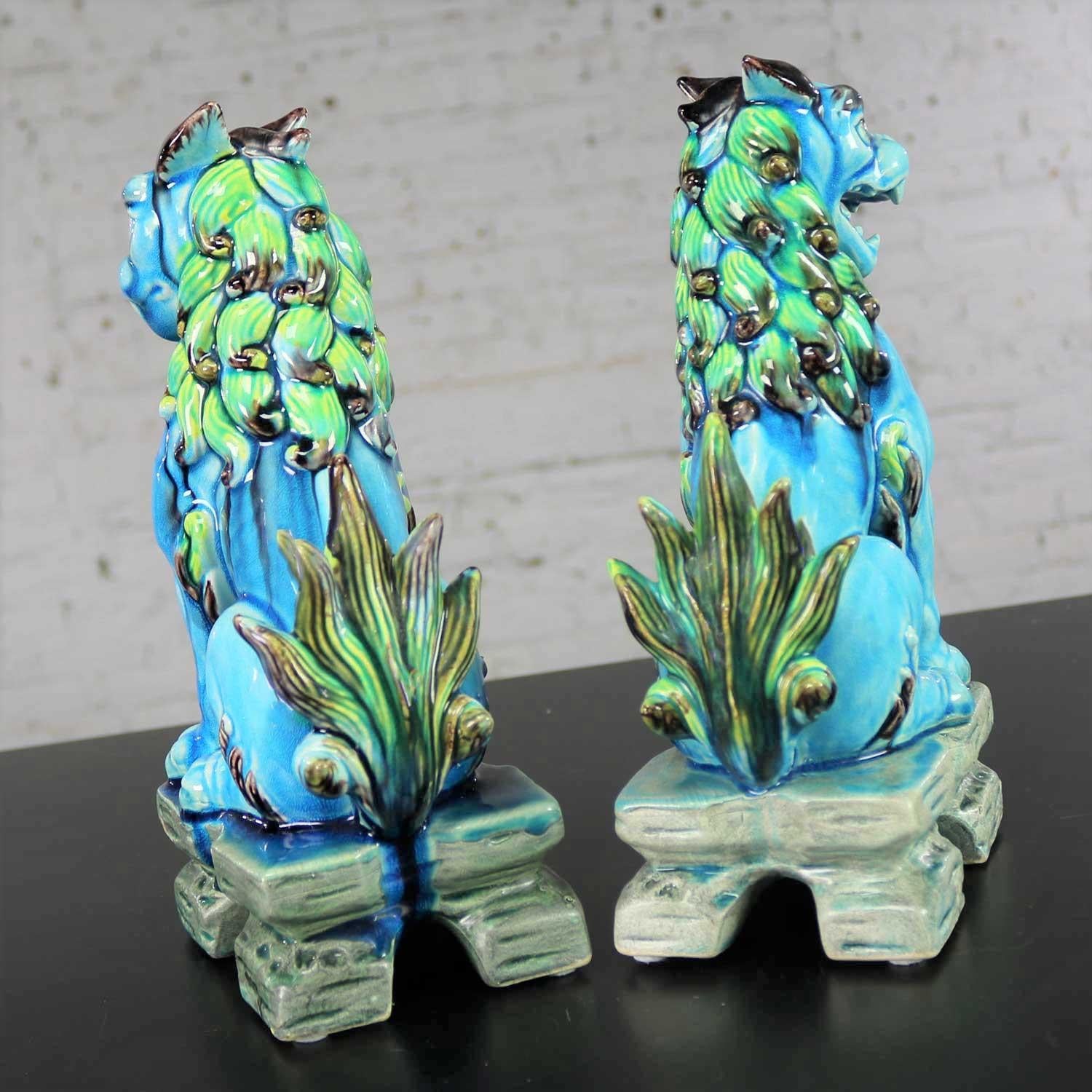 Vintage Midcentury Pr Japanese Komainu Lion Dogs Ceramic Turquoise Green Glaze 5