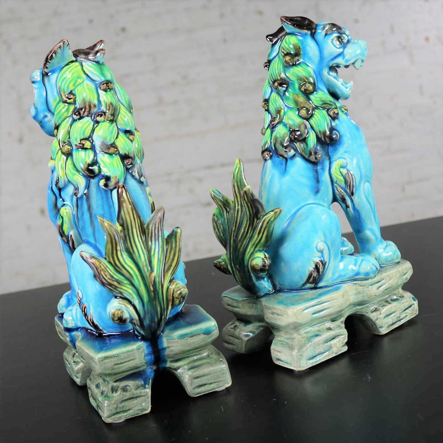Vintage Midcentury Pr Japanese Komainu Lion Dogs Ceramic Turquoise Green Glaze 6