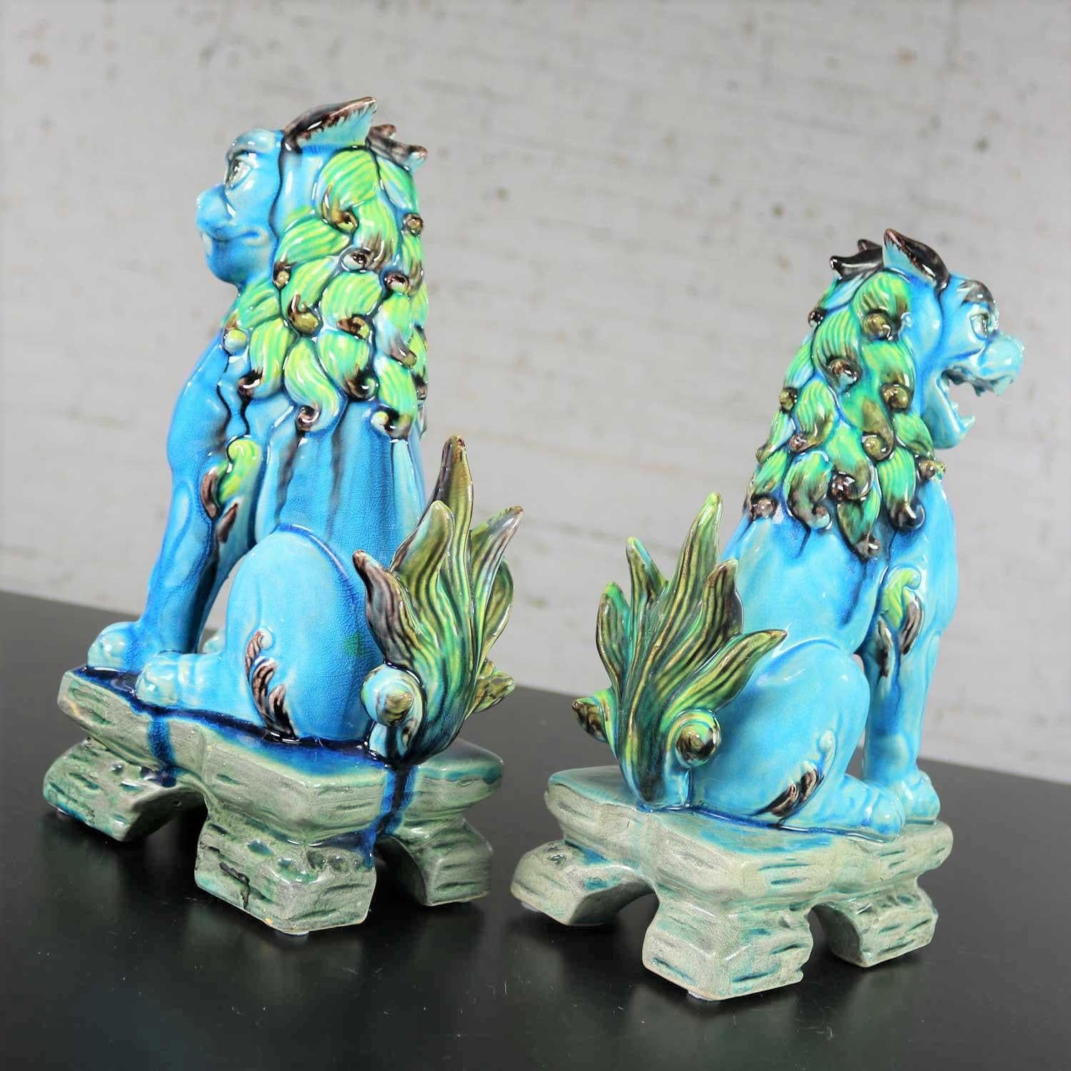 Vintage Midcentury Pr Japanese Komainu Lion Dogs Ceramic Turquoise Green Glaze 7