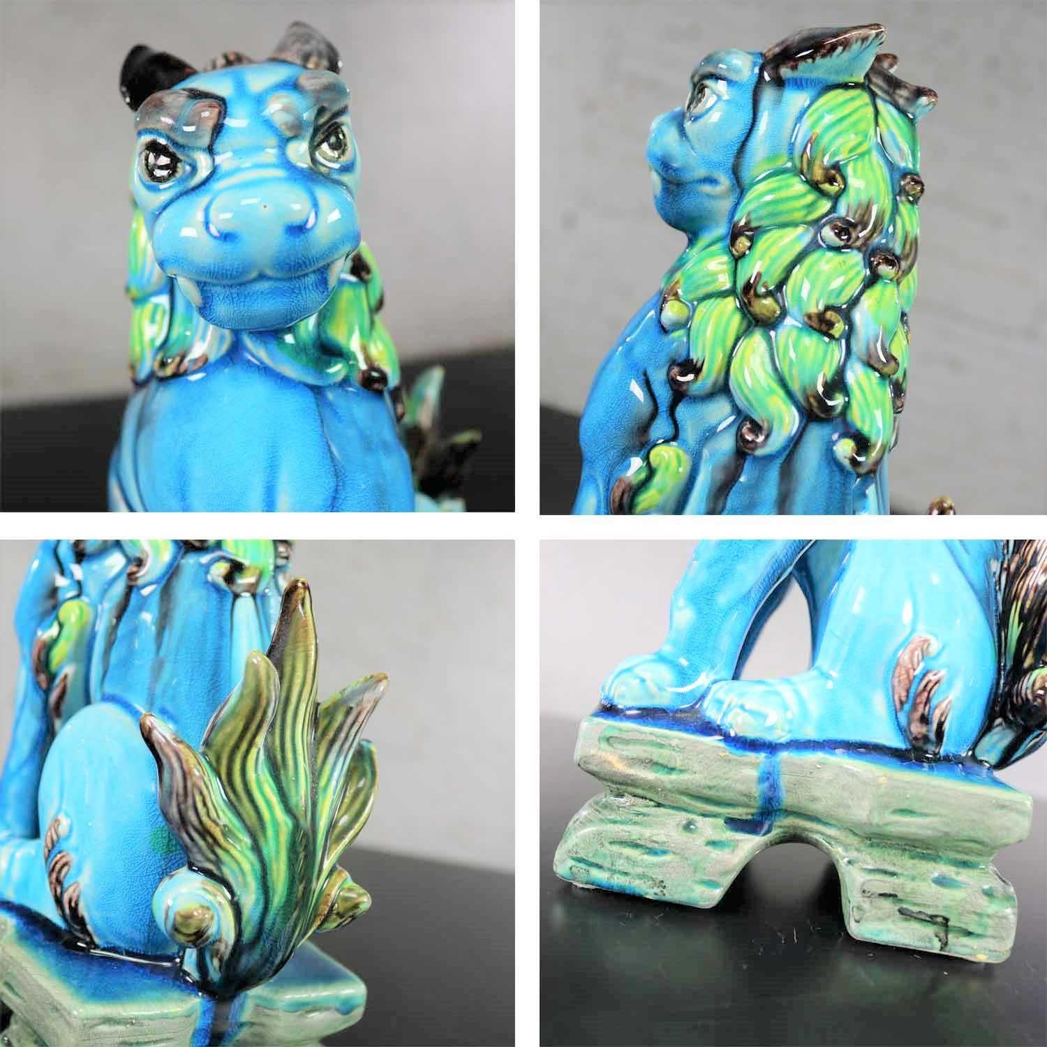 Vintage Midcentury Pr Japanese Komainu Lion Dogs Ceramic Turquoise Green Glaze 9