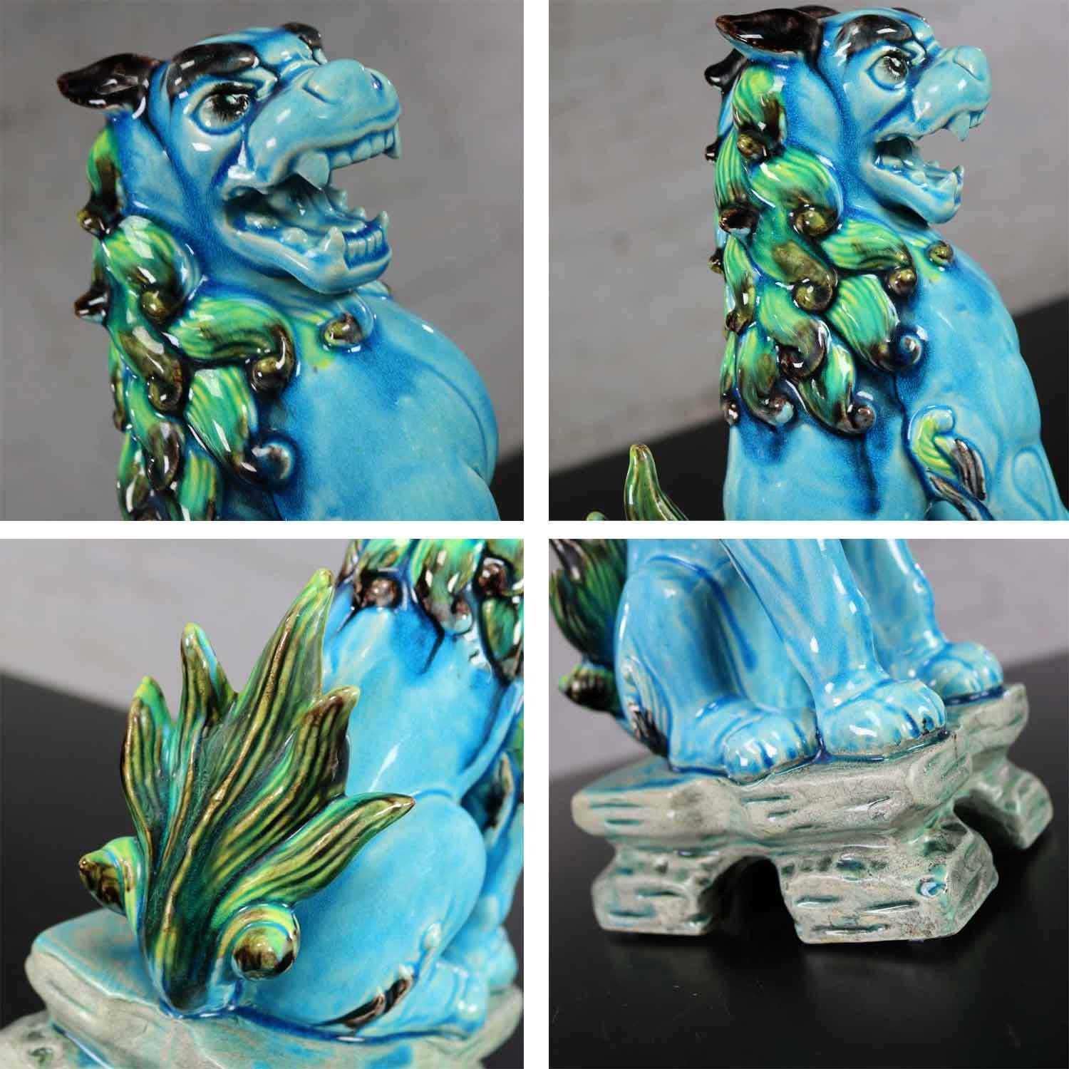 Vintage Midcentury Pr Japanese Komainu Lion Dogs Ceramic Turquoise Green Glaze 10