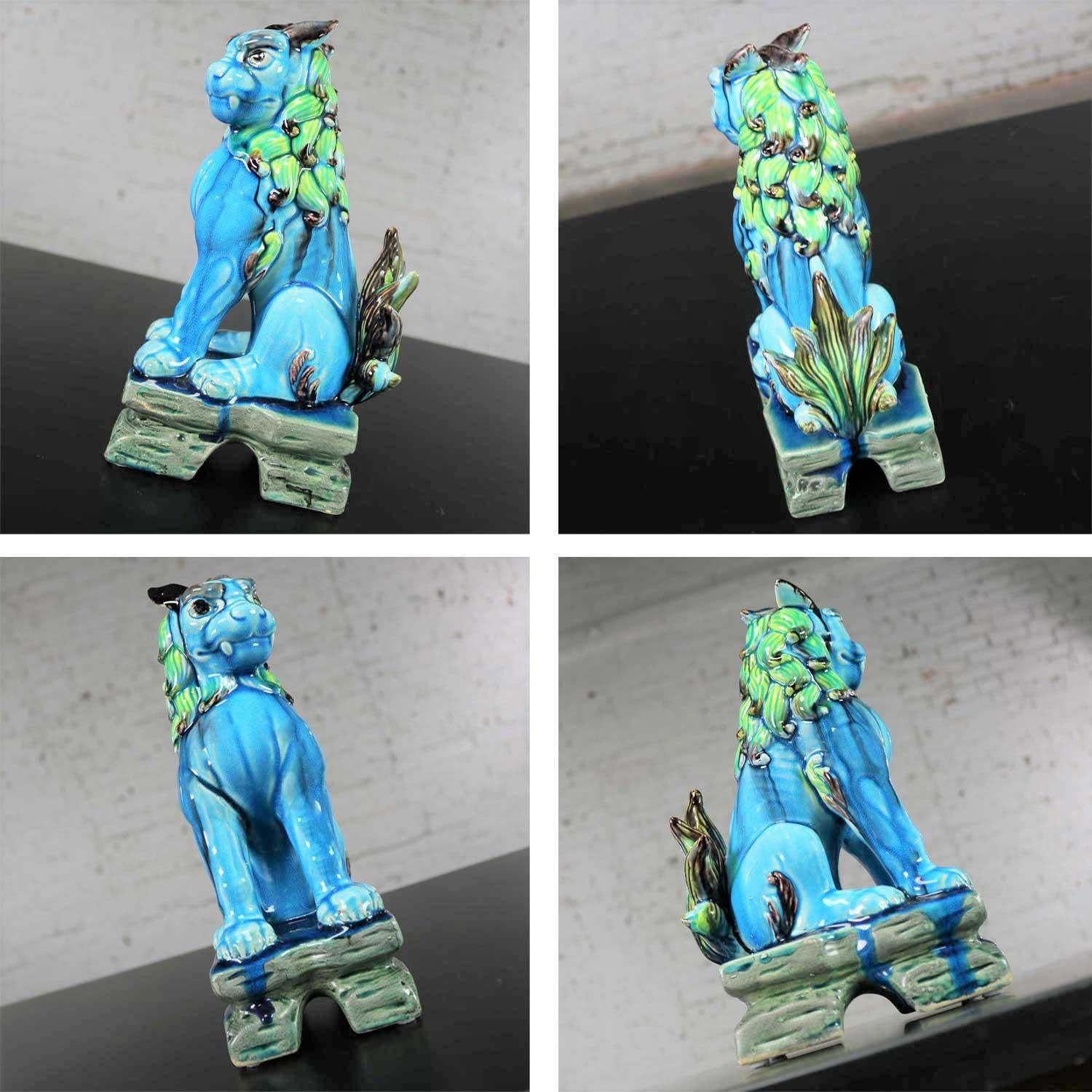 Vintage Midcentury Pr Japanese Komainu Lion Dogs Ceramic Turquoise Green Glaze 11